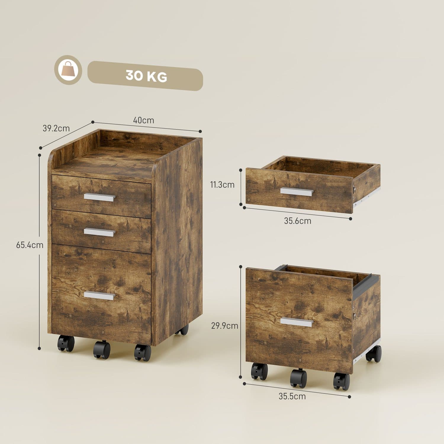Three-Drawer Rolling Filing Cabinet in Rustic Brown - image 2