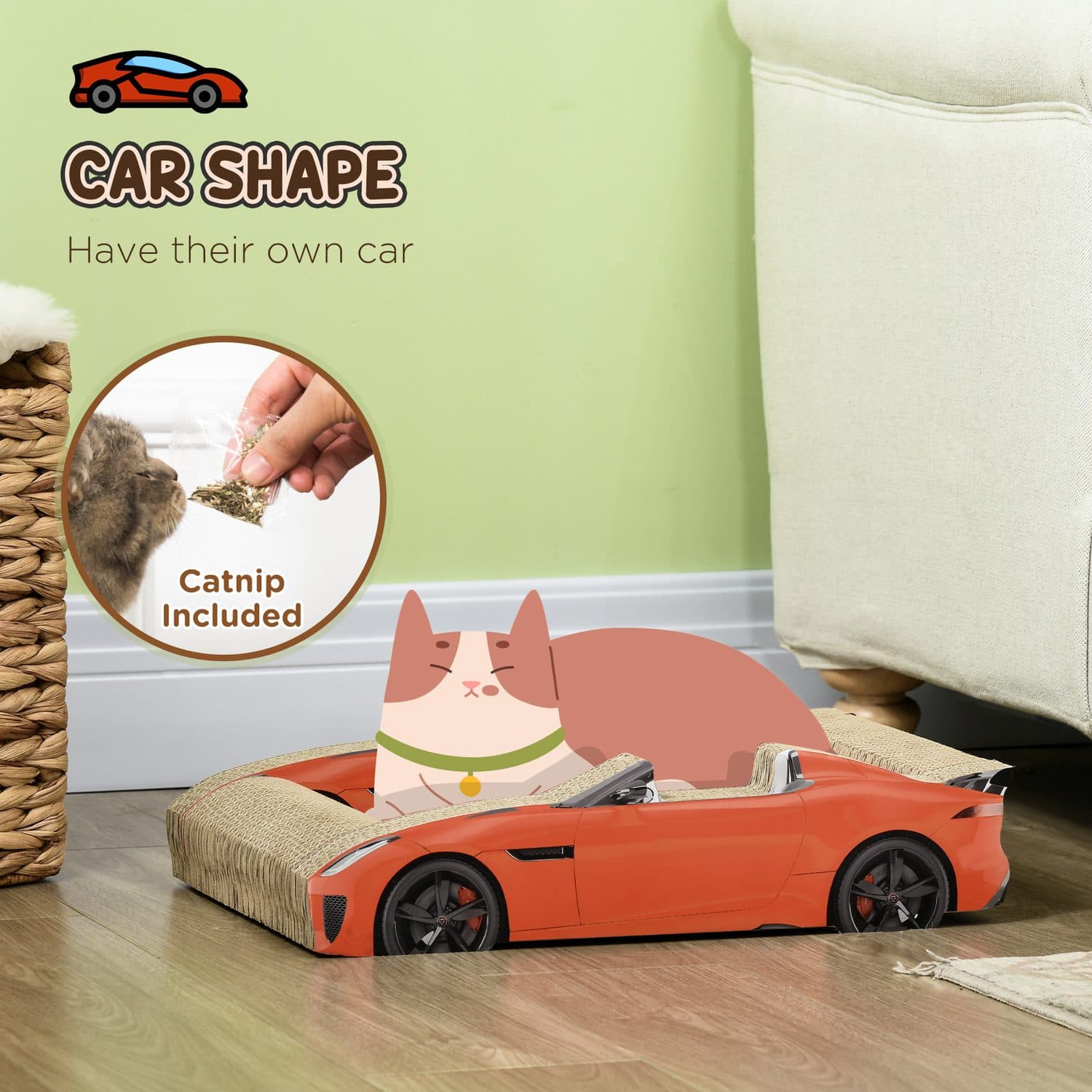 PawHut Car-Shaped Cat Scratching Board with Catnip - image 2