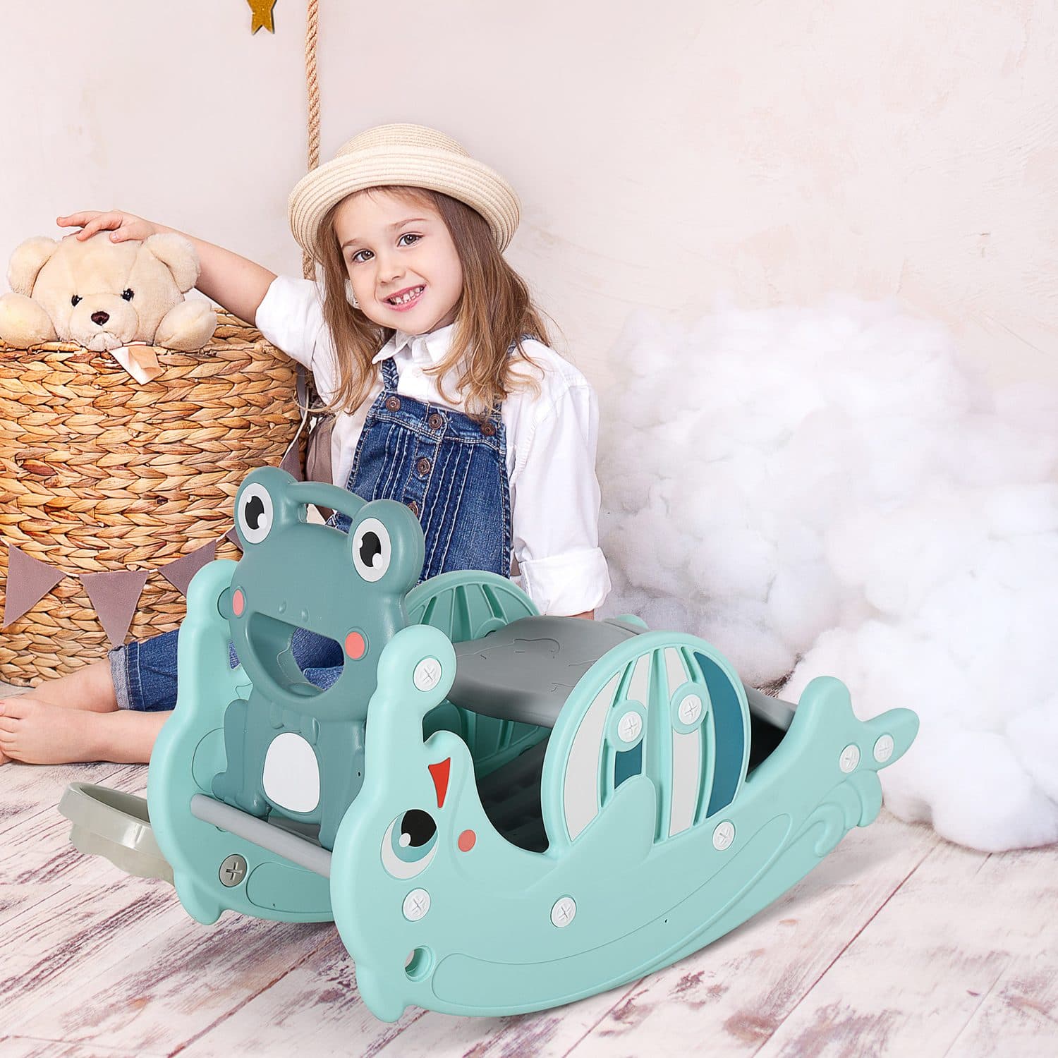 3-in-1 Baby Frog Rocking Toy With Slide and Basketball Hoop - image 4