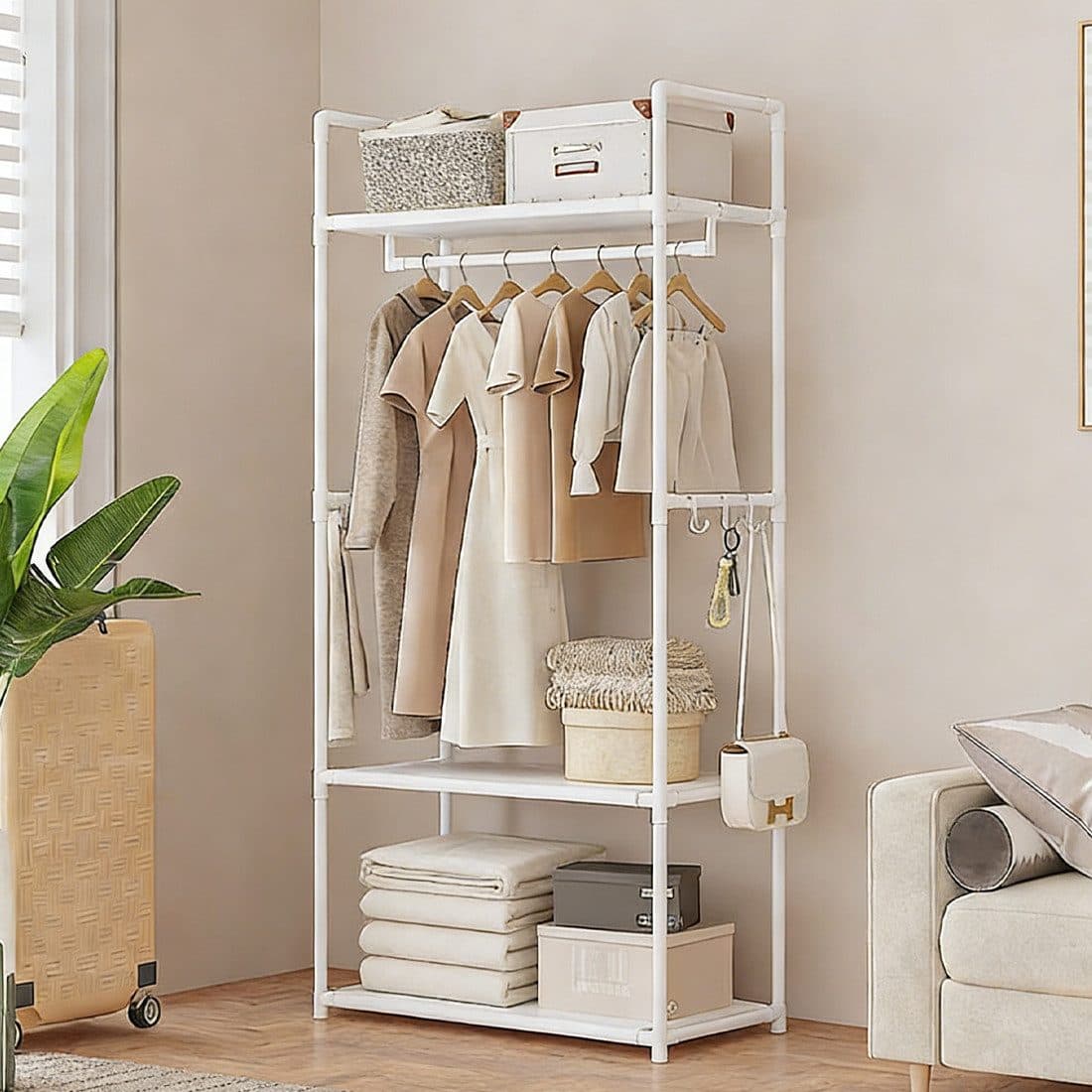 White Clothes Rail with Four Shelves and Rolling Castors, 173 cm - image 3