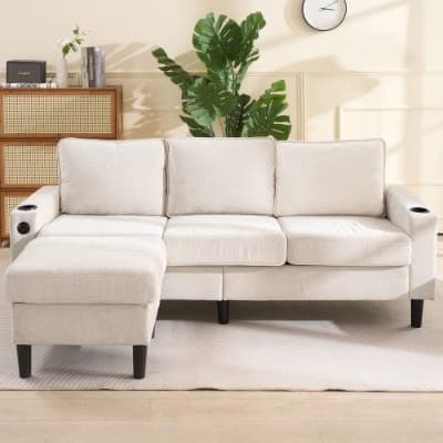 Beige L-Shaped Sofa with Built-In USB & Cup Holders - image 6