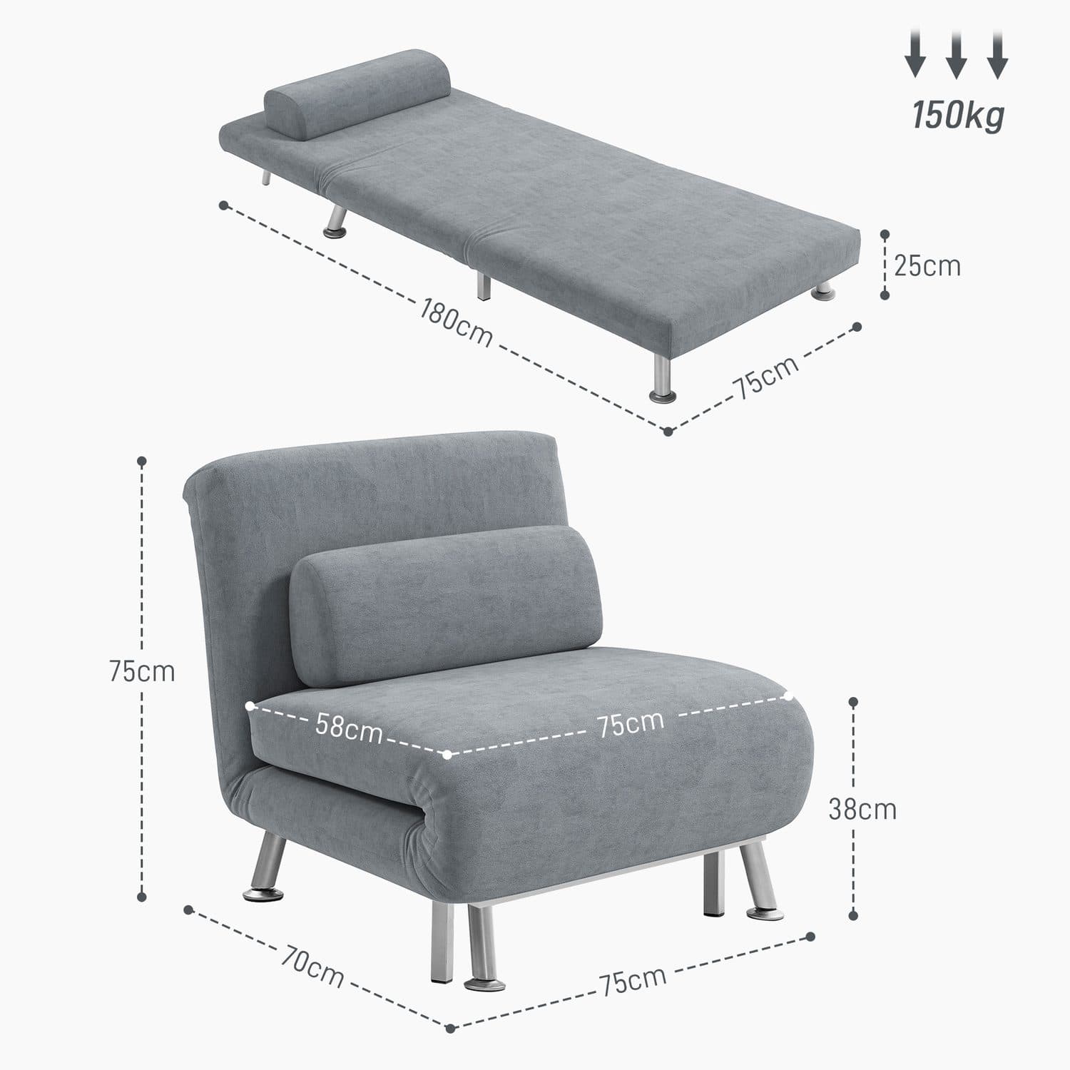 Single Velvet-Feel Sleeper Chair Bed - Grey 5-Position Recline - image 4