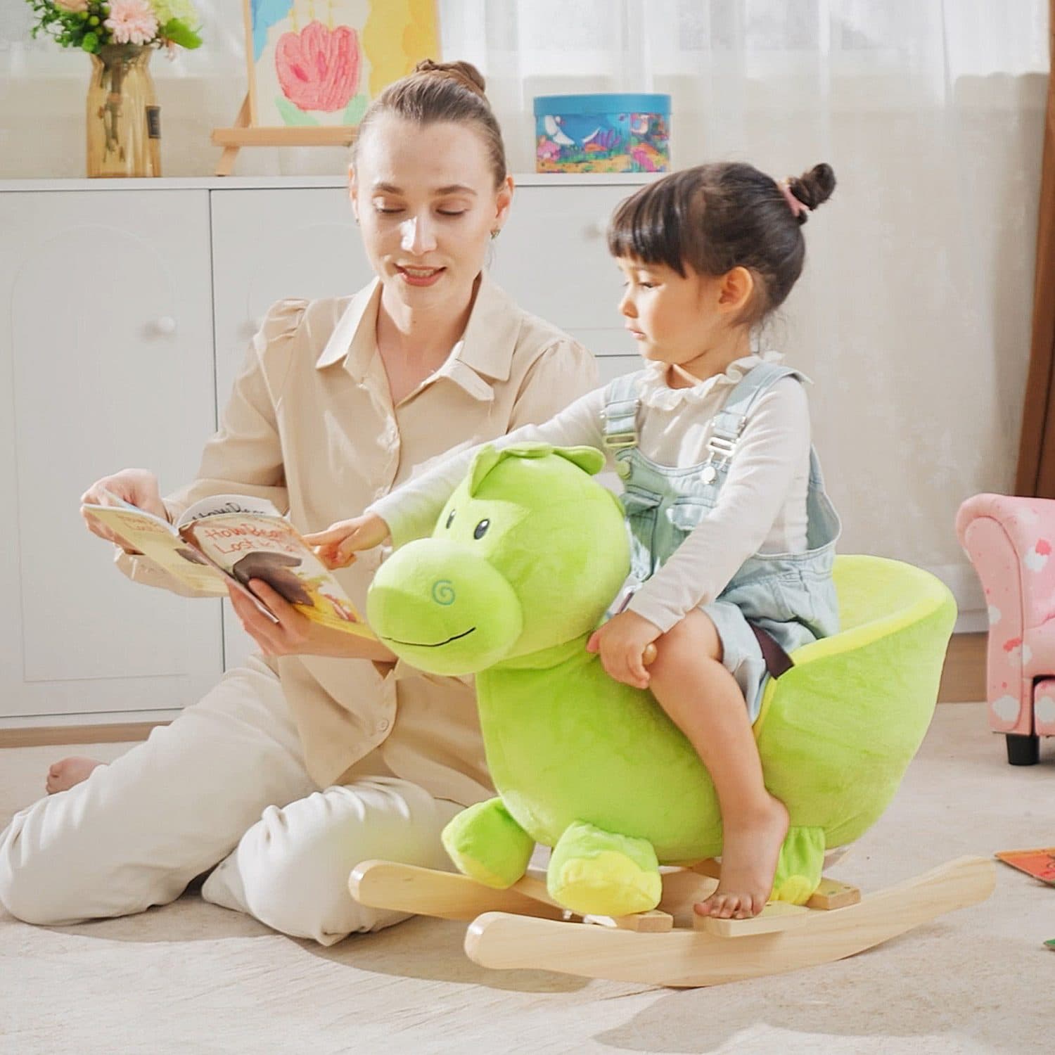 Soft Plush Dinosaur Rocking Toy with Wooden Base and Safety Buckle - image 5