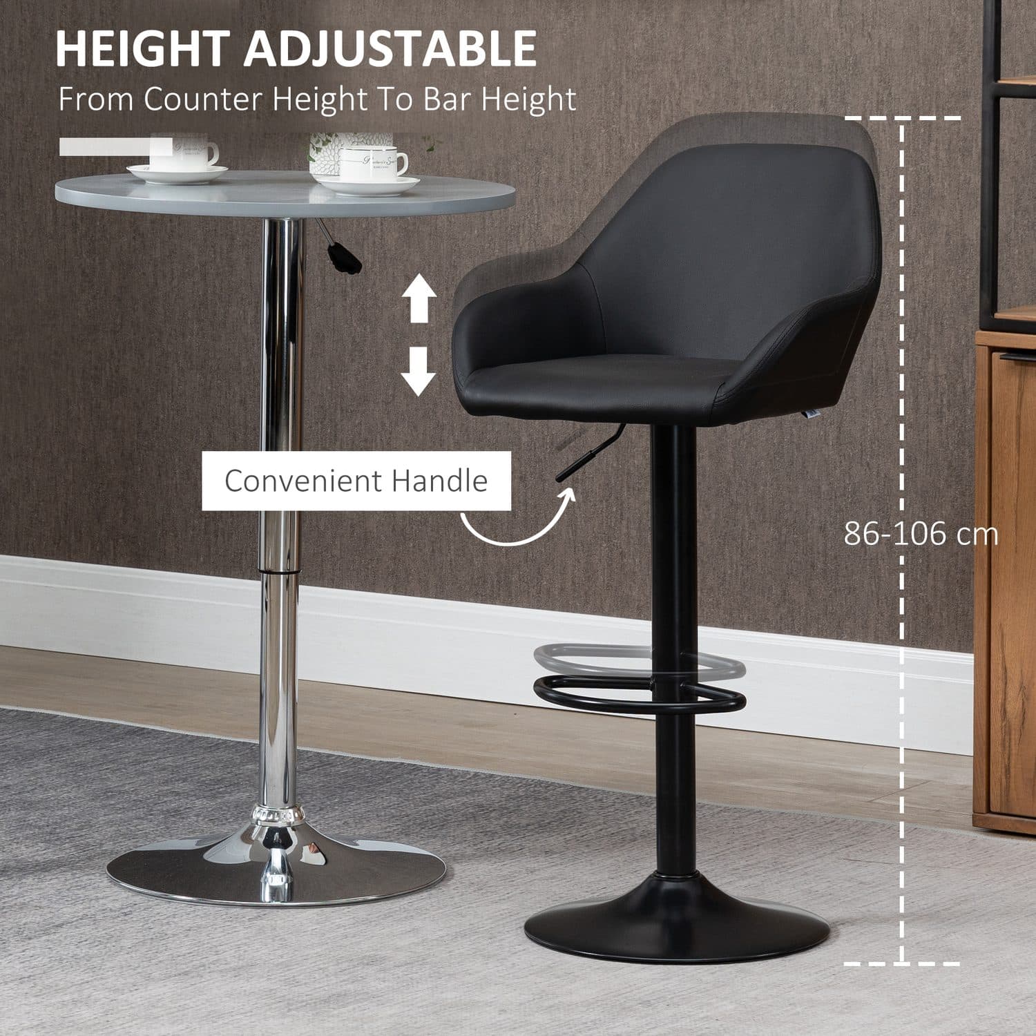 Height-Adjustable Grey Bar Stools with Arms and Footrest — Set of 2 - image 5