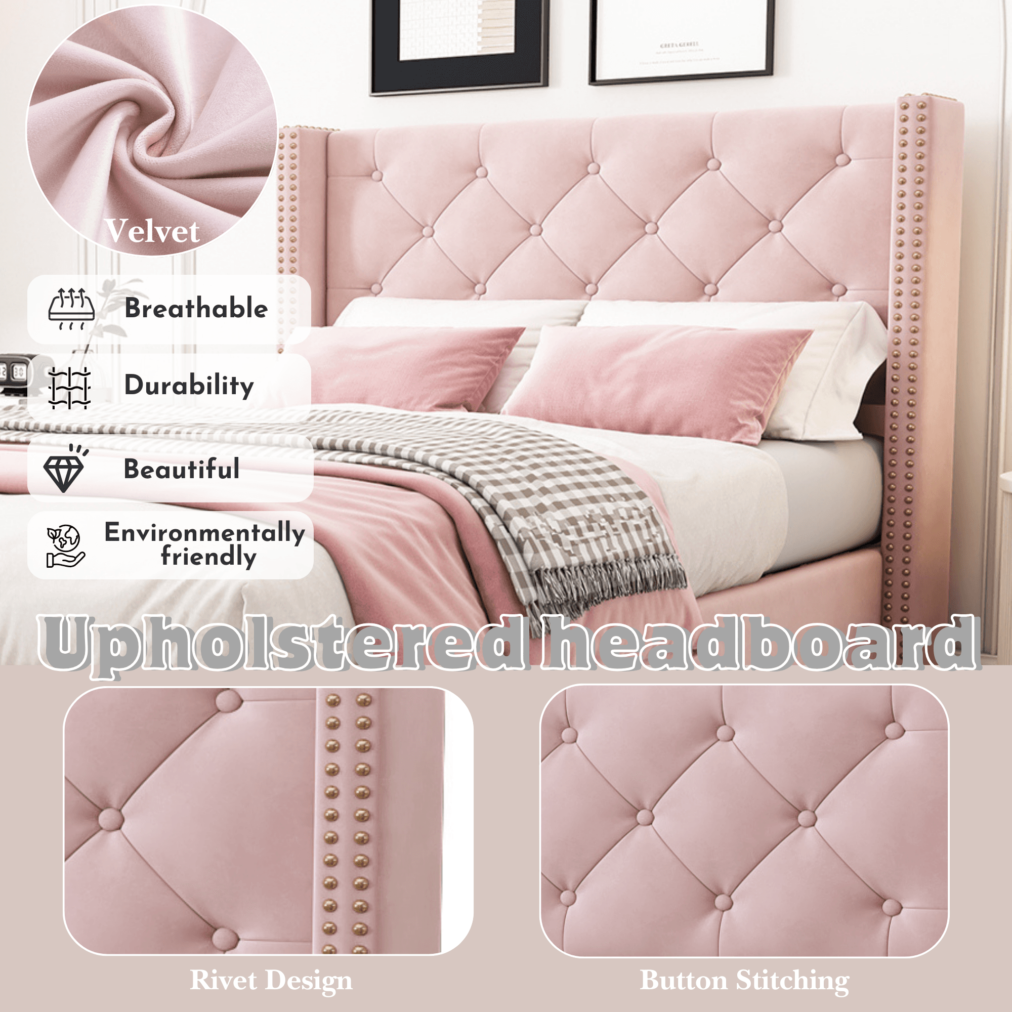 Elegant Pink Velvet Bed - image 3