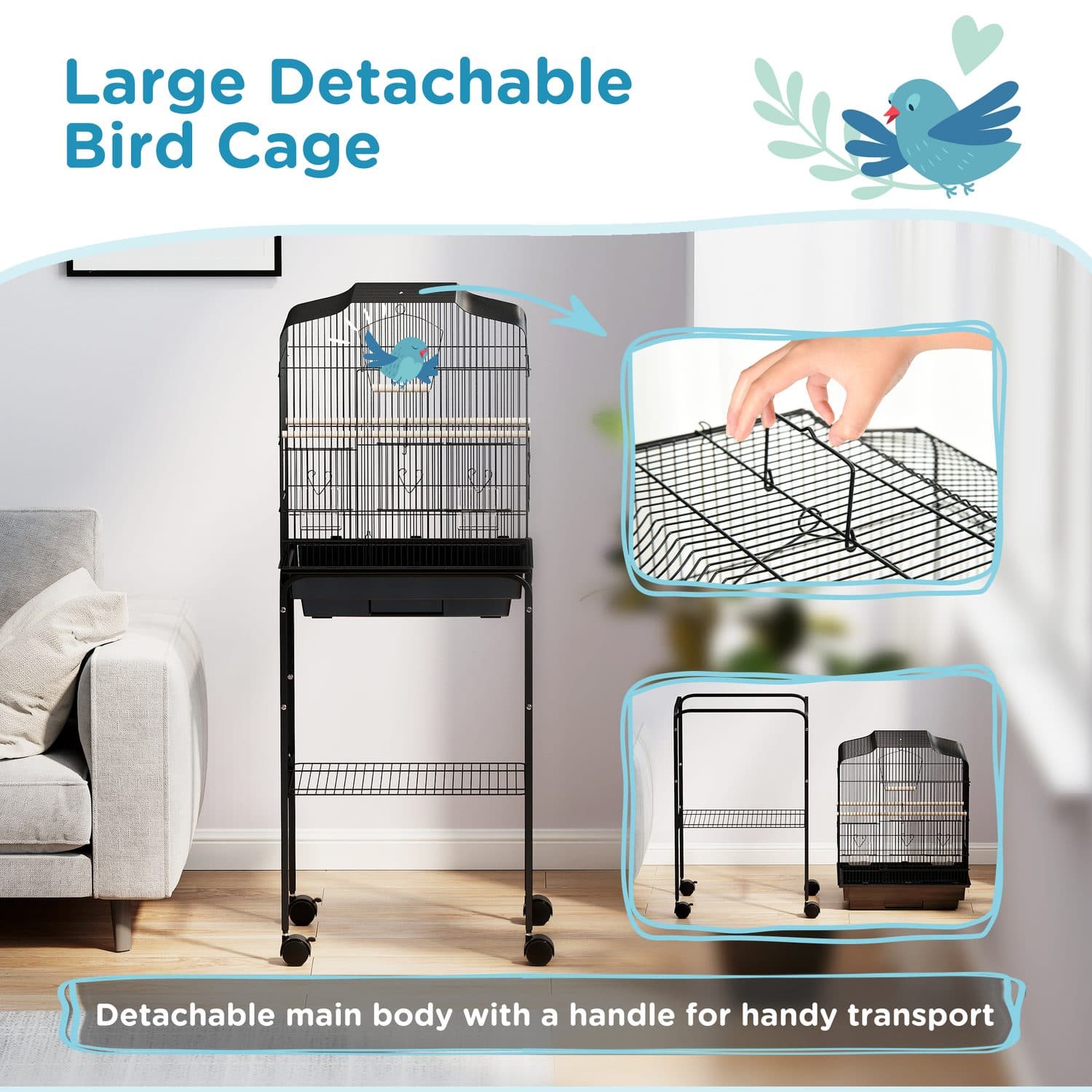 PawHut Bird Cage with Stand and Wheels - image 5