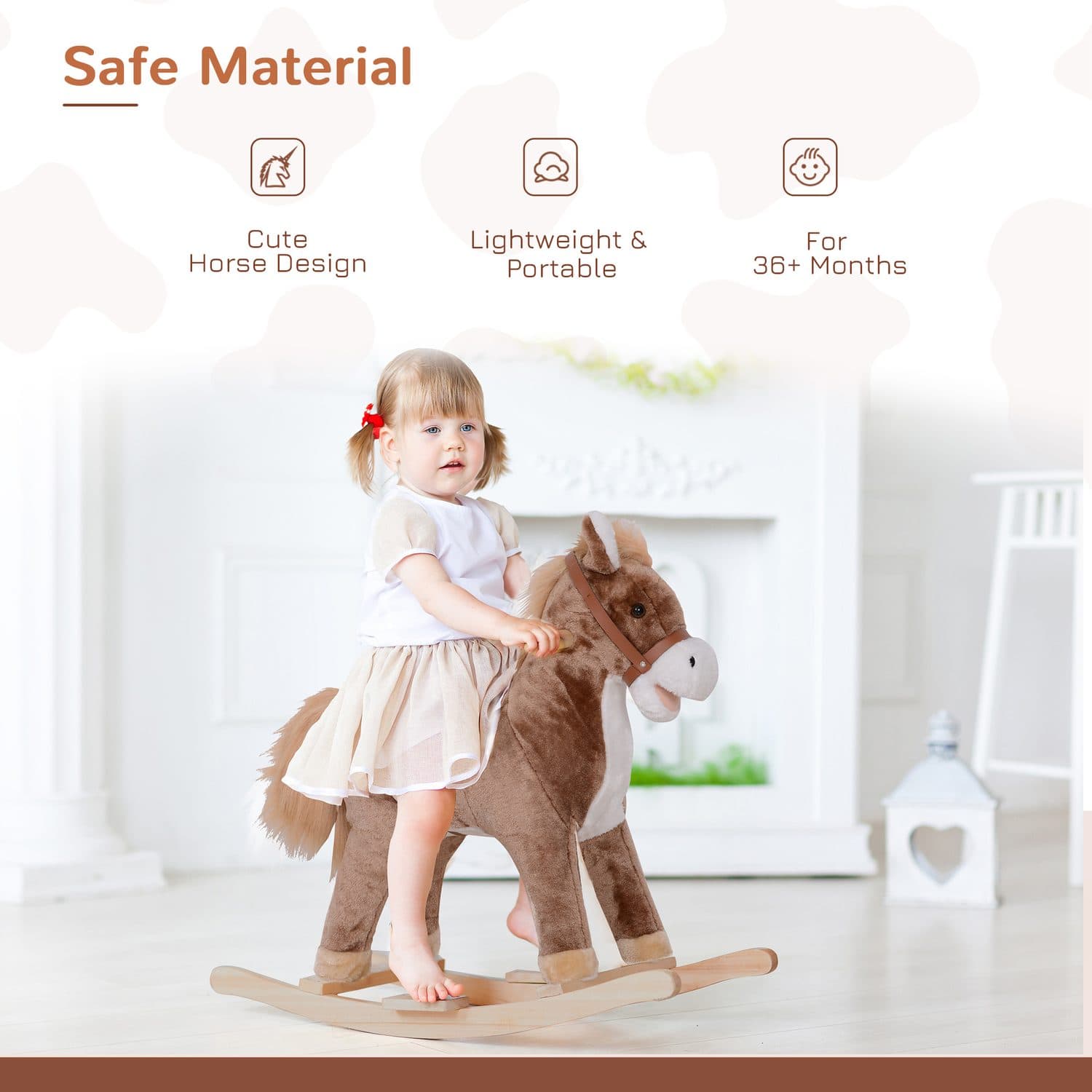 Plush Rocking Horse for Kids — Brown and White with Wooden Base - image 5