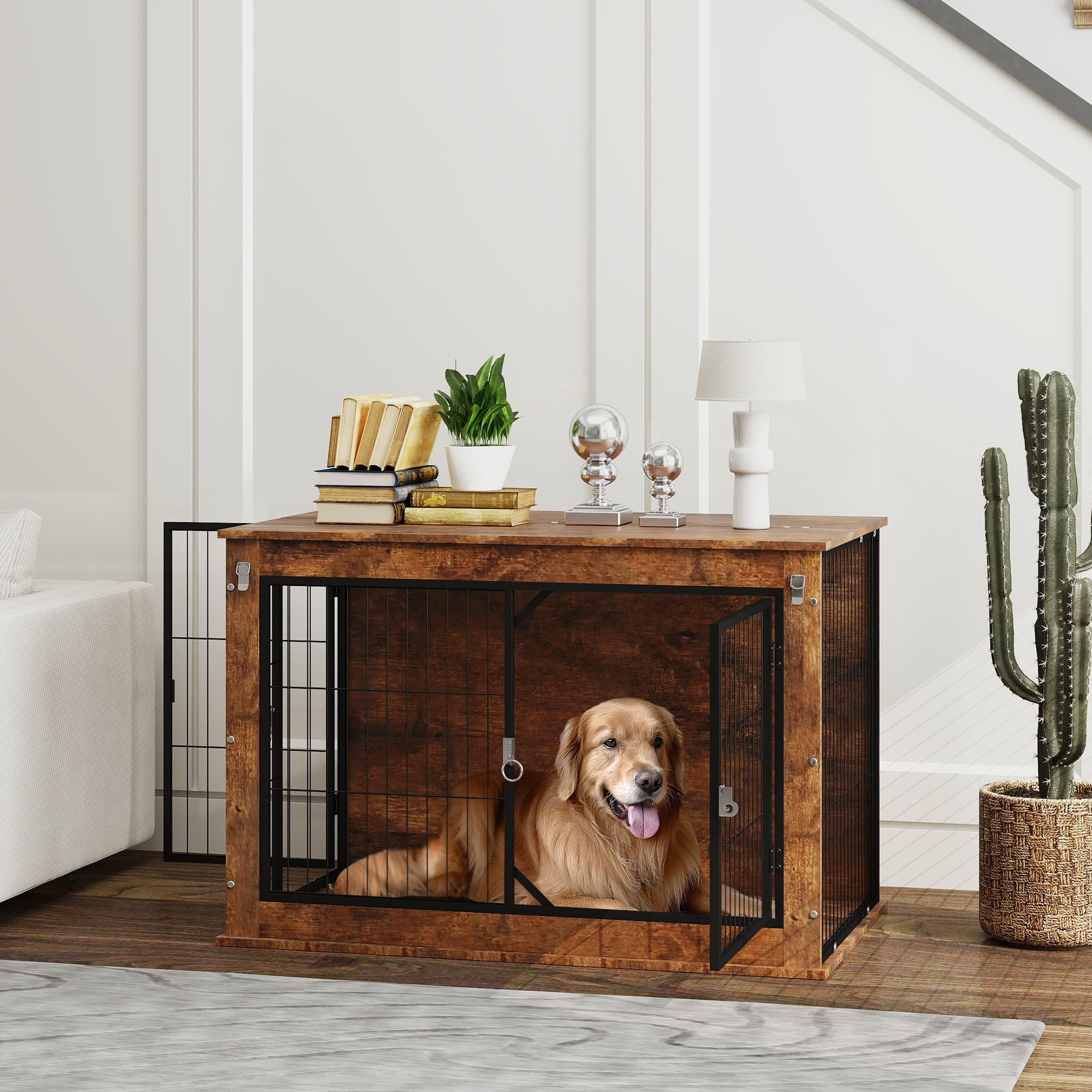 Large Dog Crate That Doubles as a Side Table, Rustic Brown - image 3
