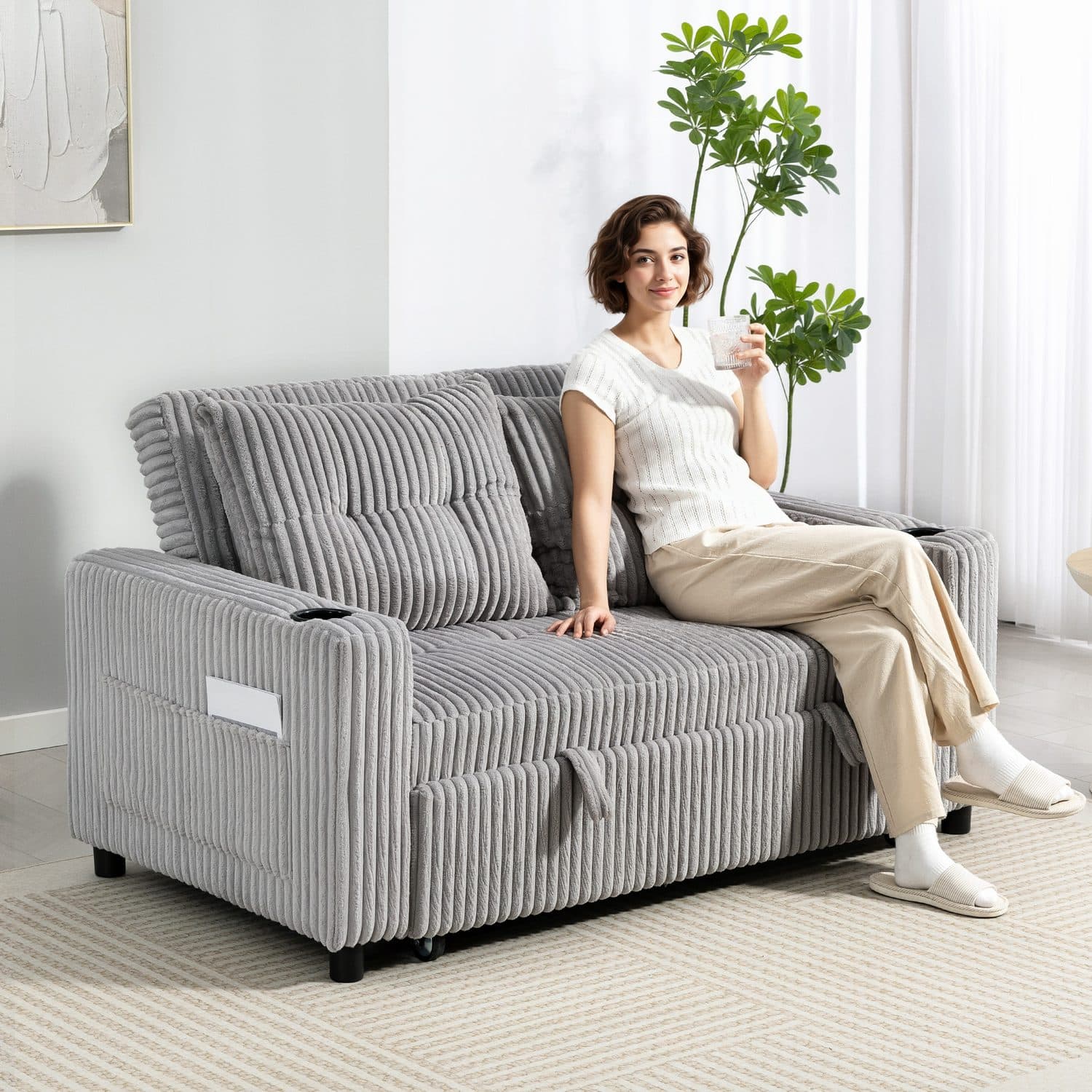 Light Grey Corduroy Sofa Bed - image 2