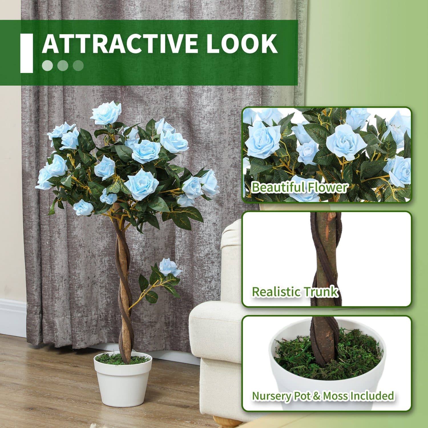 Faux Blue Rose Trees 90cm — Set of 2 in White Pots with Moss - image 1