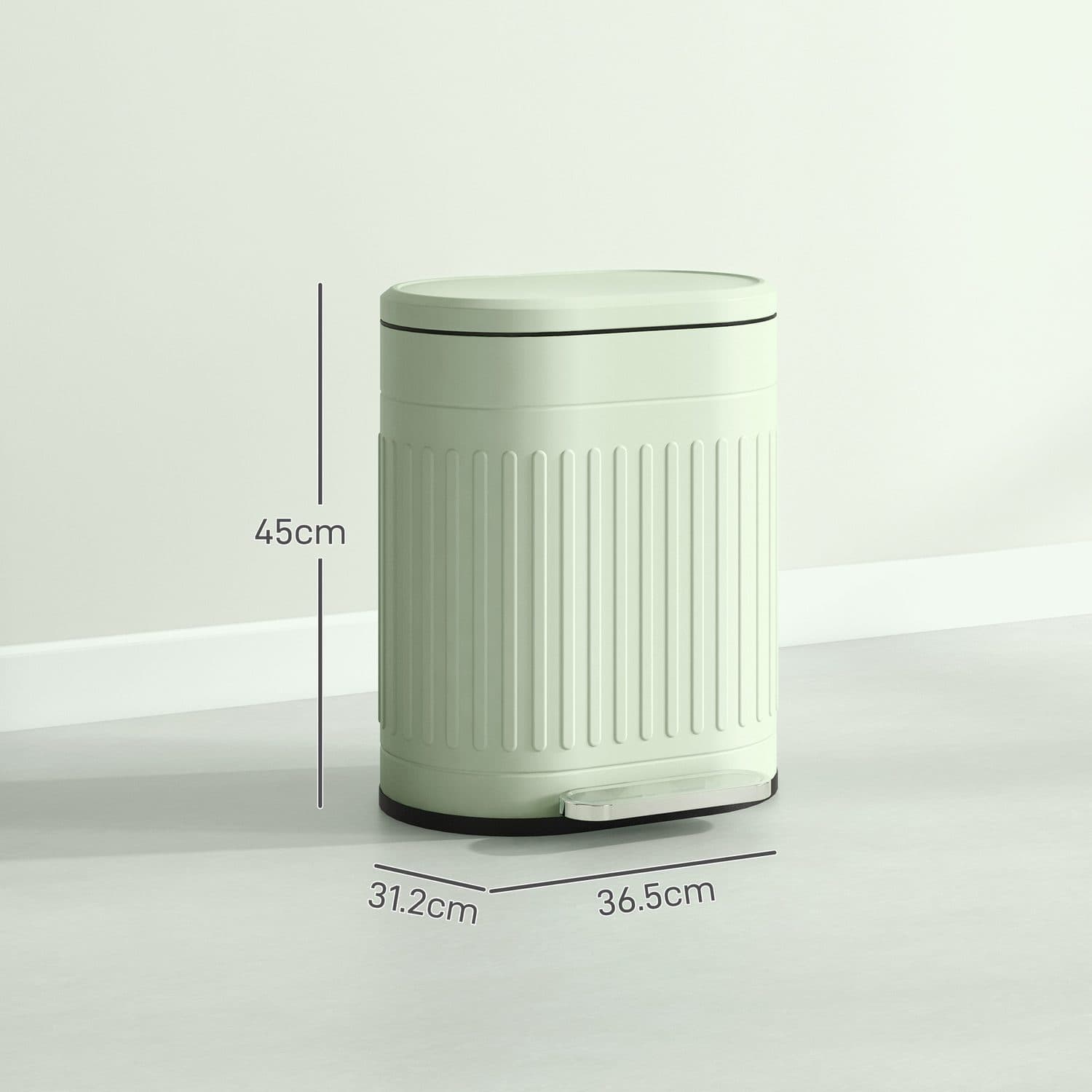 A ribbed sage green metal pedal bin with a quiet soft-close lid - image 1