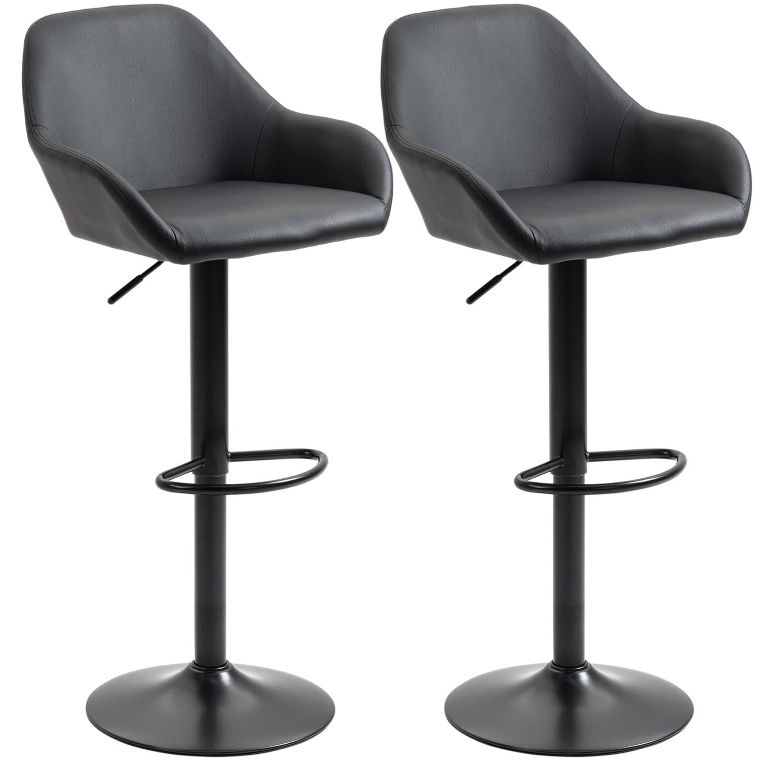 Height-Adjustable Grey Bar Stools with Arms and Footrest — Set of 2 - Black