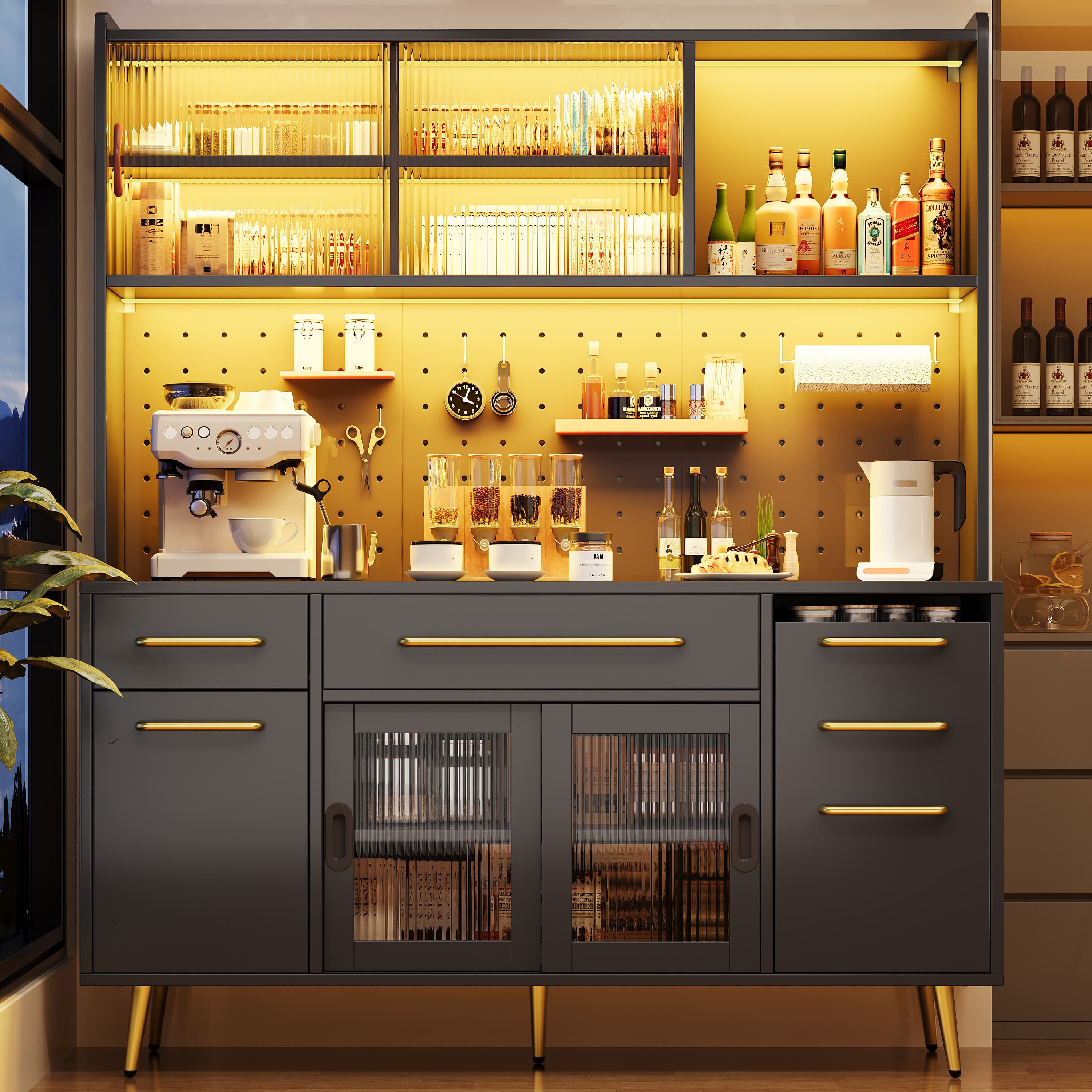 Black Highboard Cabinet with LED Lights, Drawer & Glass Shelves - image 1