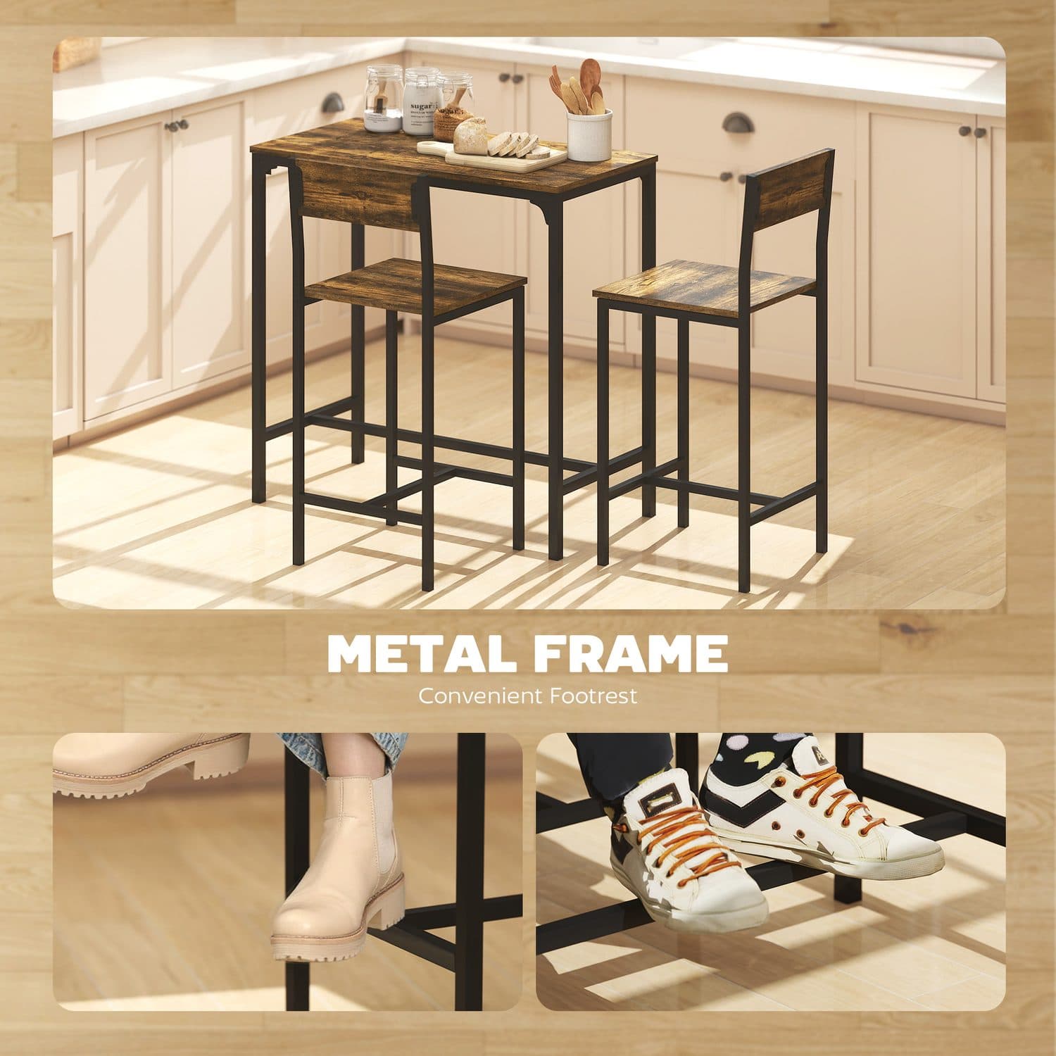 Space-Saving 3-Piece Industrial Breakfast Bar Set - image 2