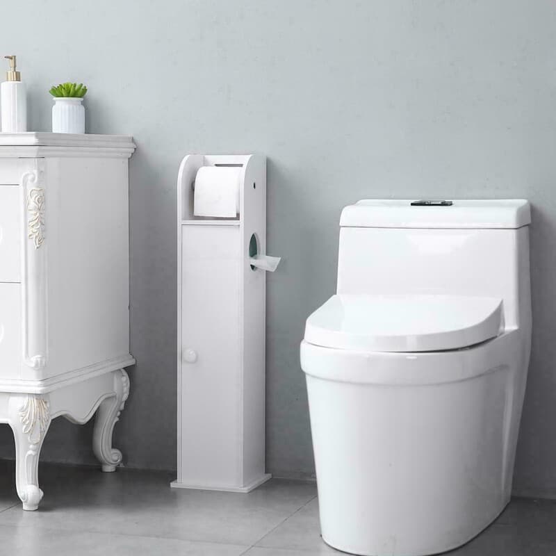 White Freestanding Bathroom Cabinet with Built-In Toilet Roll Holder - image 5