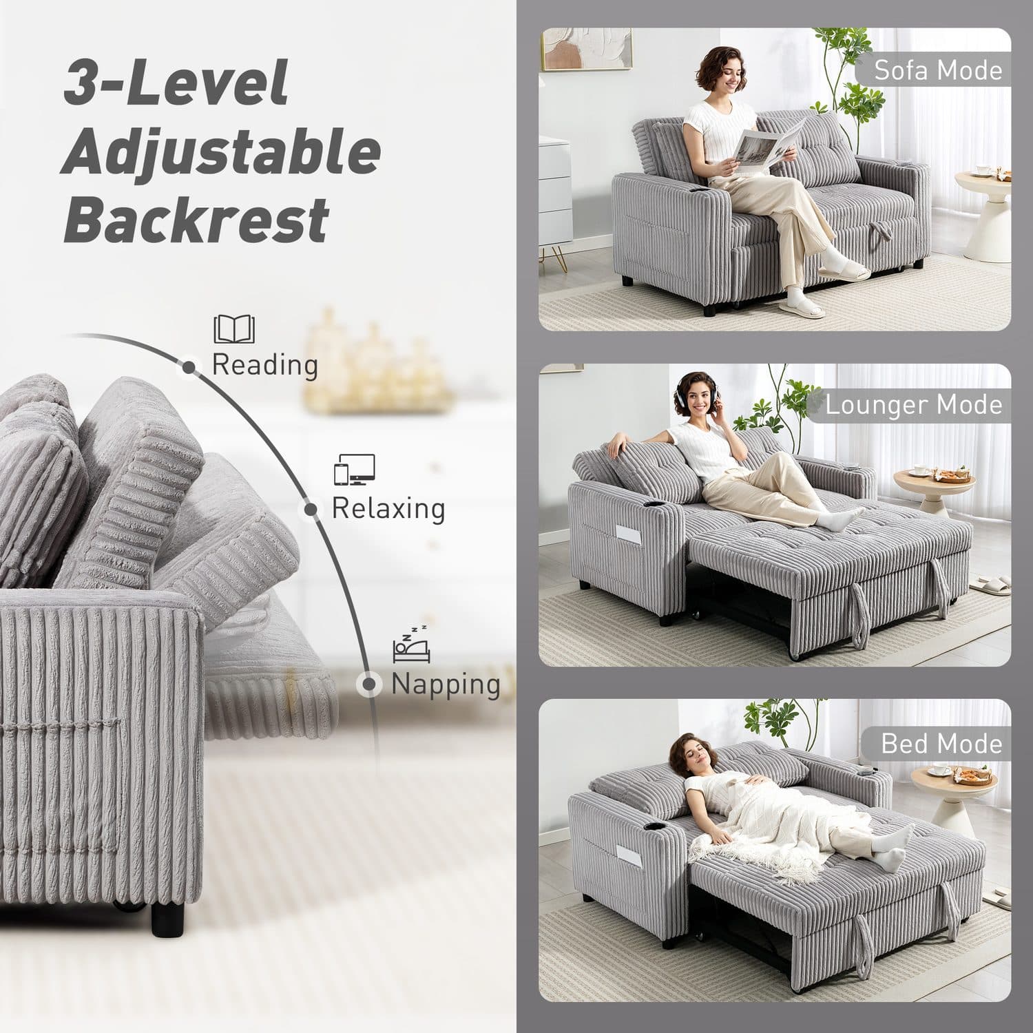 Light Grey Corduroy Sofa Bed - image 5
