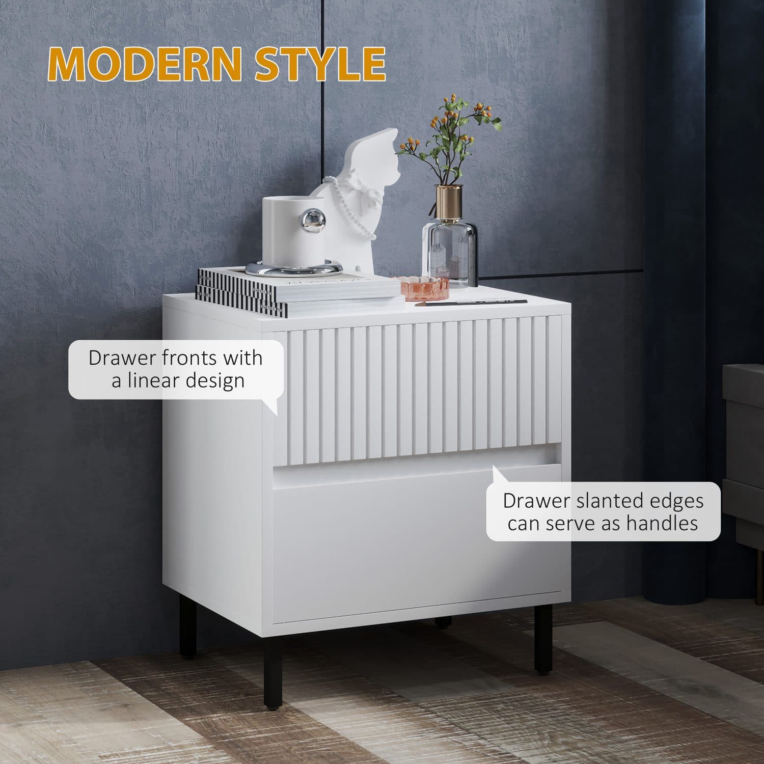 Modern White Two-Drawer Bedside Table with Steel Legs - image 2