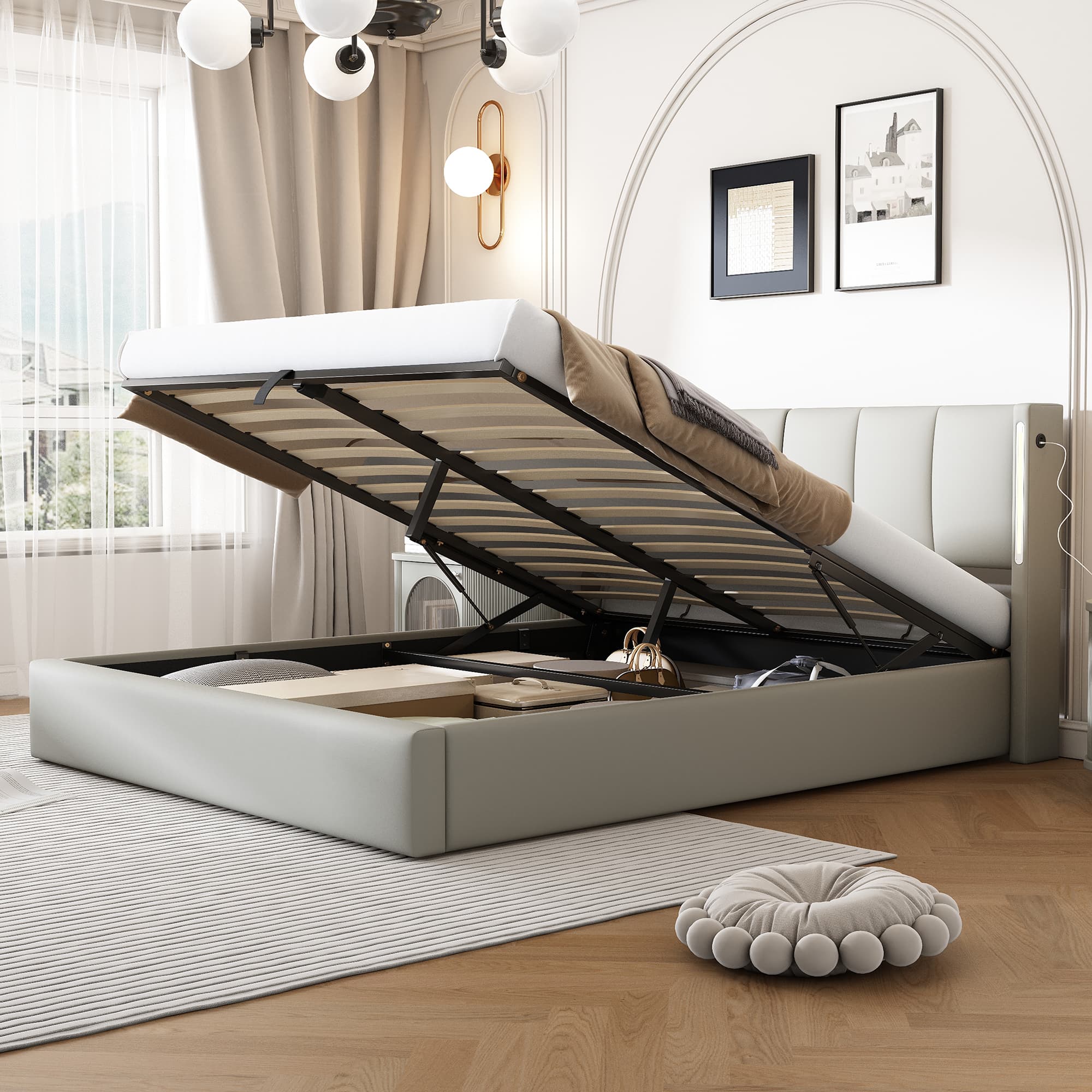 Smart Upholstered Bed with Storage, LEDs & USB Ports - image 5