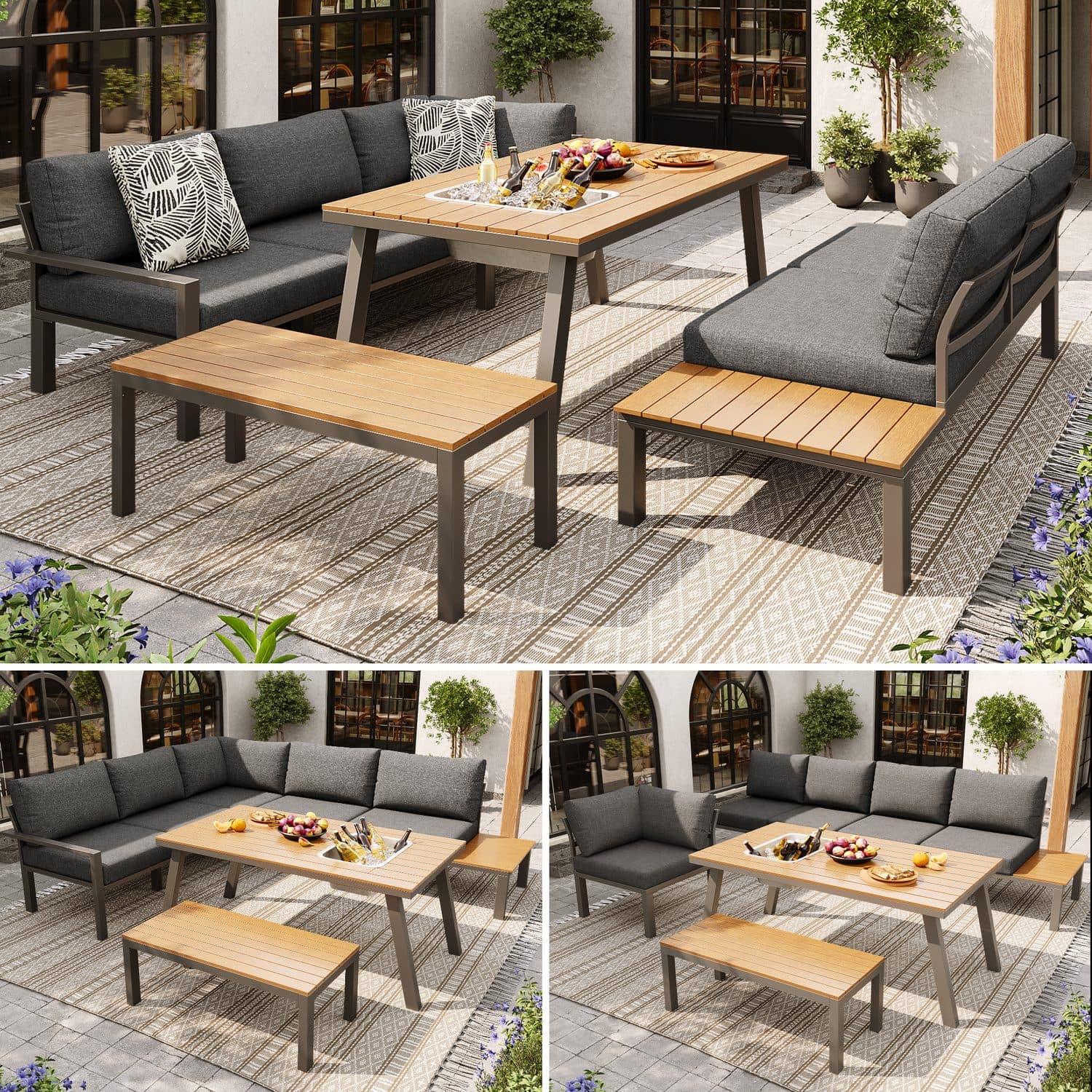 6–7 Person Garden Lounge Furniture Set with Integrated Ice Bucket - Grey