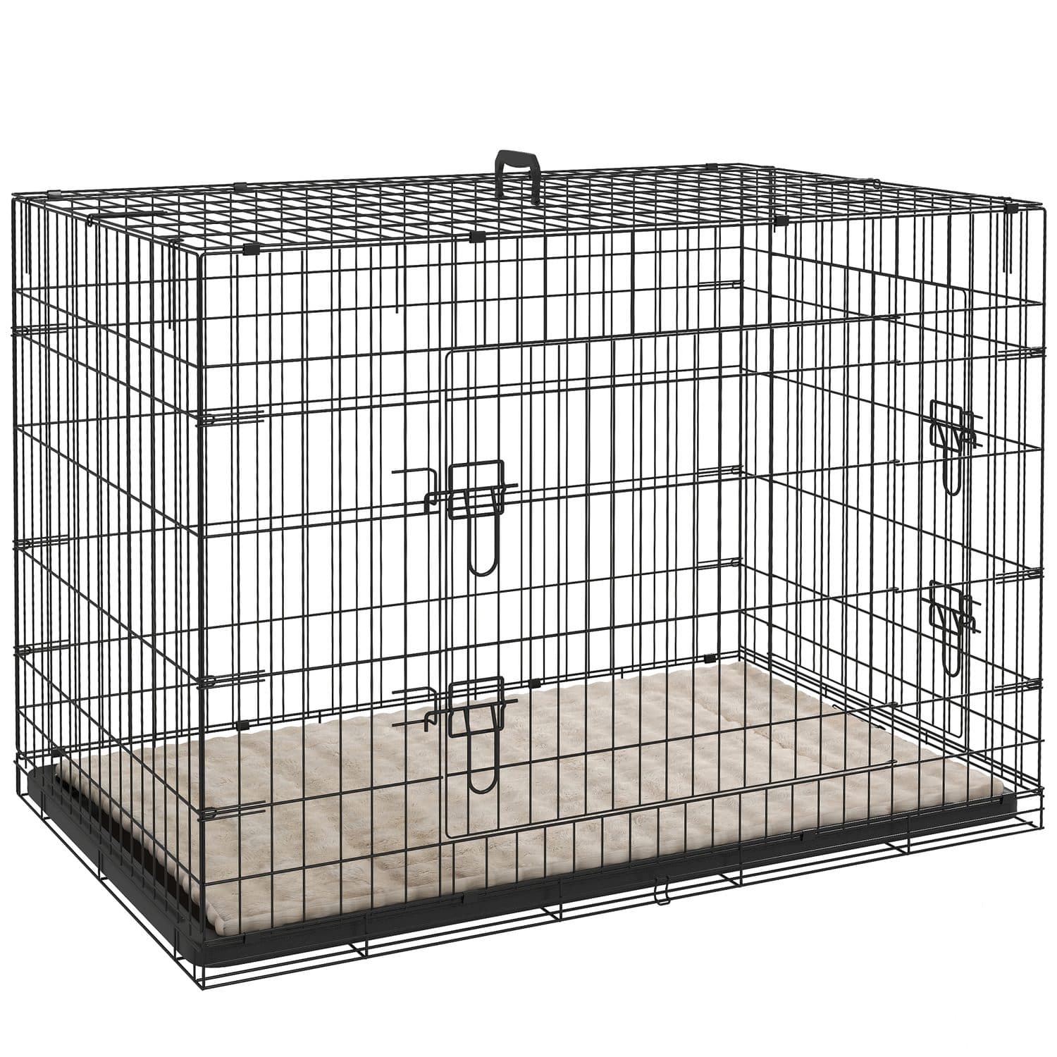 Large Two-Door Dog Crate with Soft Cushion - Black
