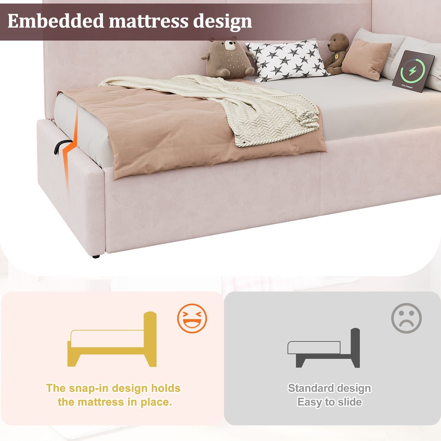 Pink Velvet L-Shaped Storage Daybed with USB & Lamp - image 5