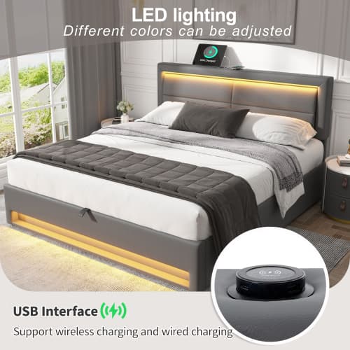 Modern Grey Upholstered King Size Ottoman Bed with LED & USB - image 7