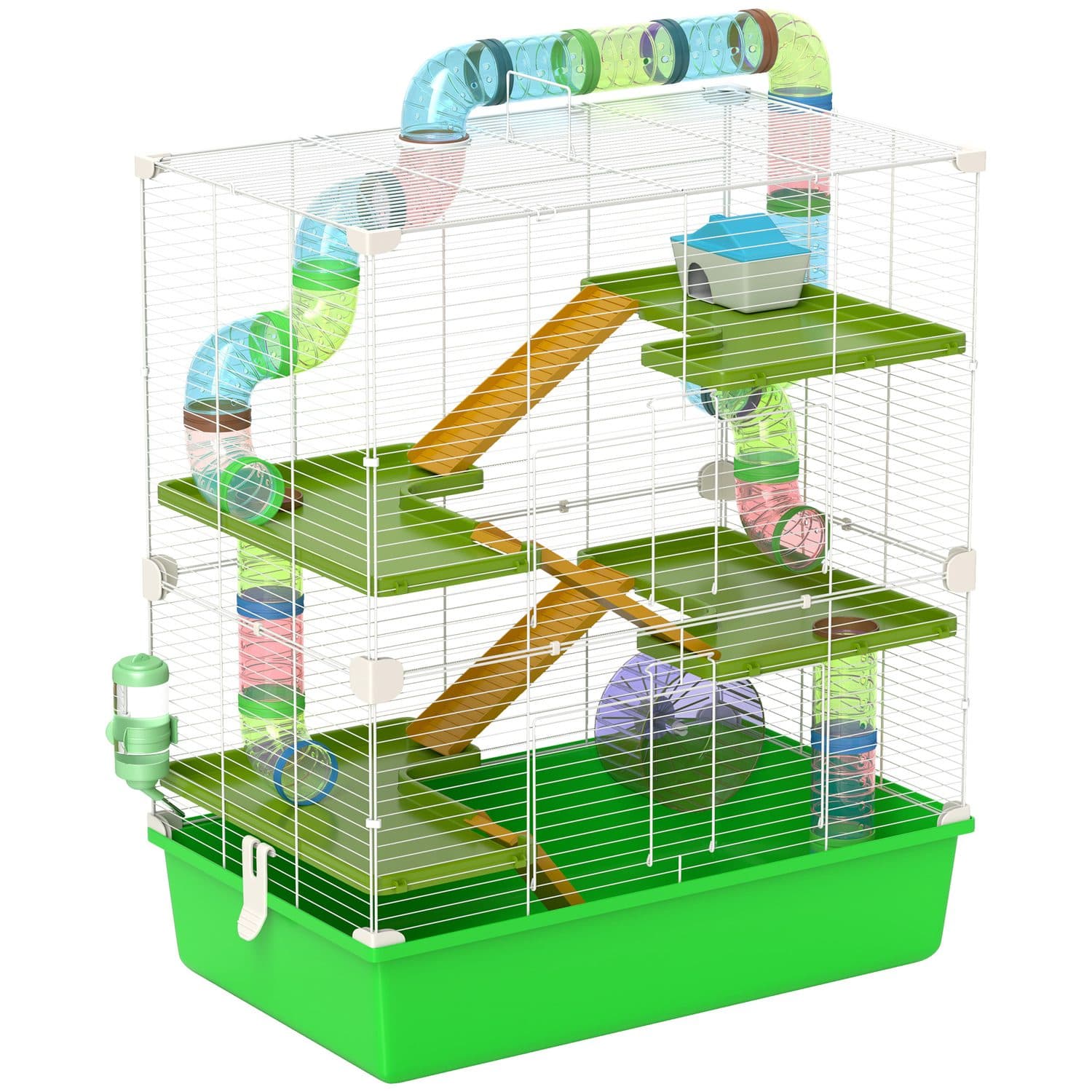 Spacious Hamster Cage with Colourful Tubes, Ramps and Wheel - Green