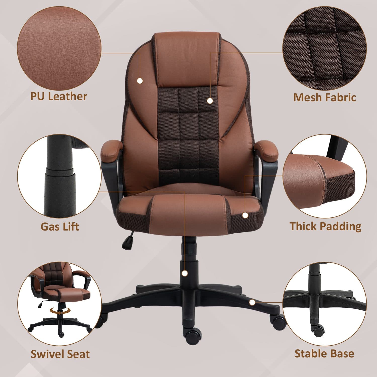 High-Back Office Chair in Brown Faux Leather with Mesh Panel - image 3