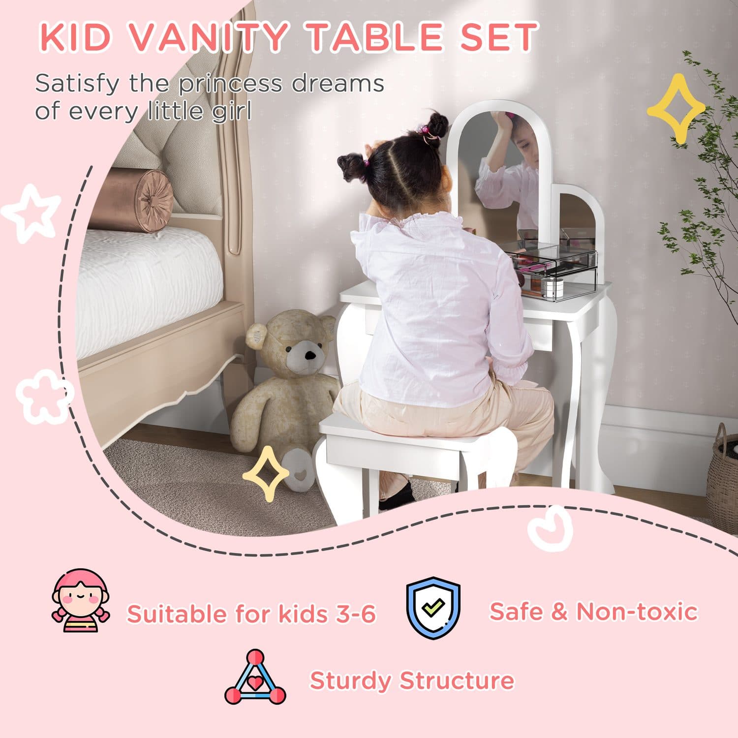 Kids' Vanity Table with Tri-Fold Mirror, Drawer and Stool – White - image 2