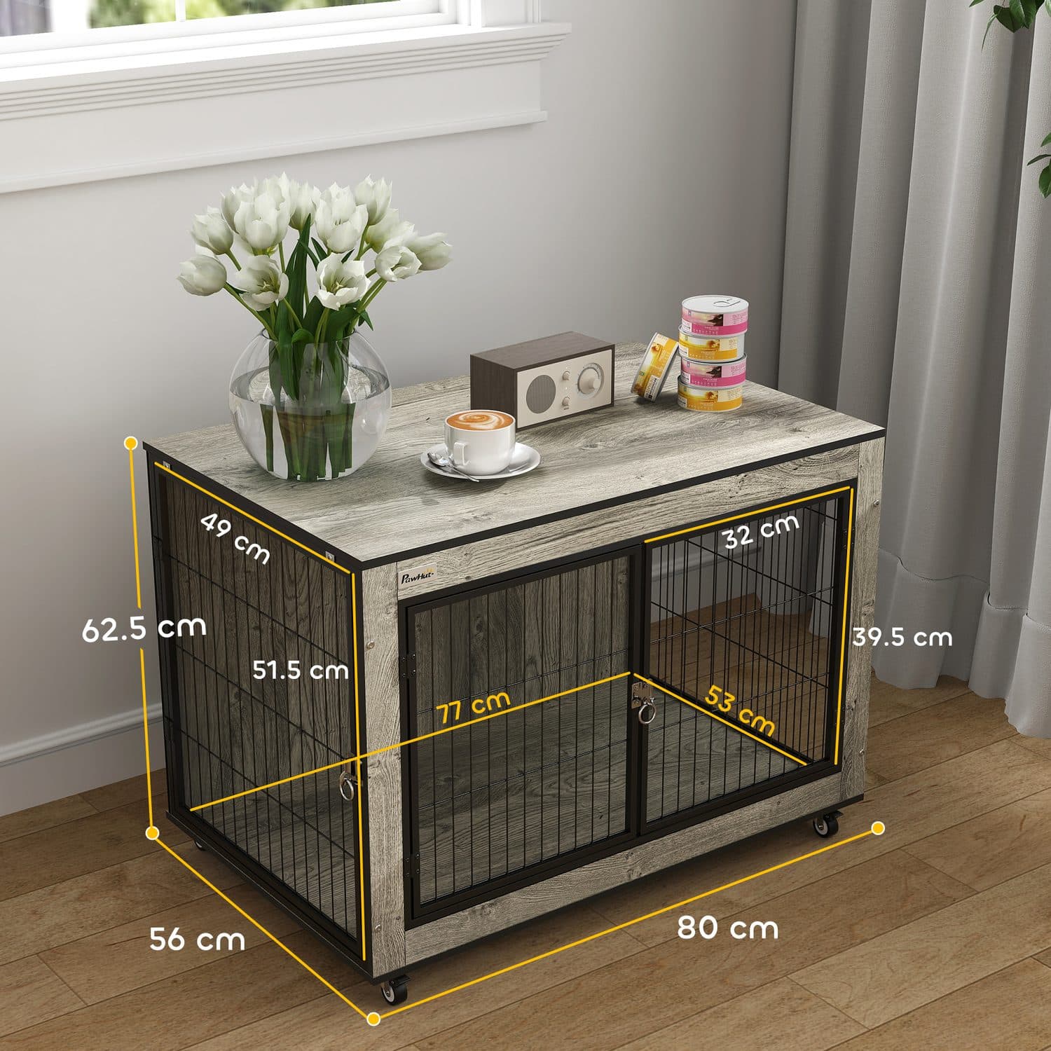 PawHut Rolling Dog Crate Furniture, Grey - image 3