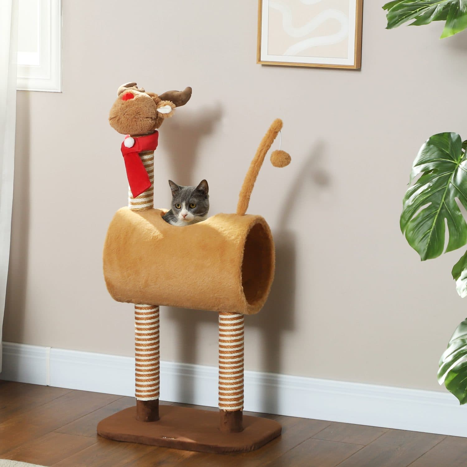 98cm Deer-Design Cat Tree with Sisal Scratching Posts and Play Tunnel - image 4