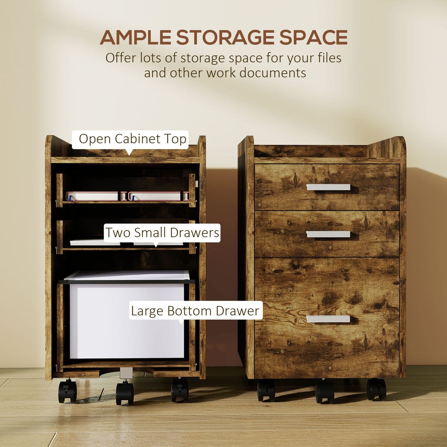 Three-Drawer Rolling Filing Cabinet in Rustic Brown - image 3