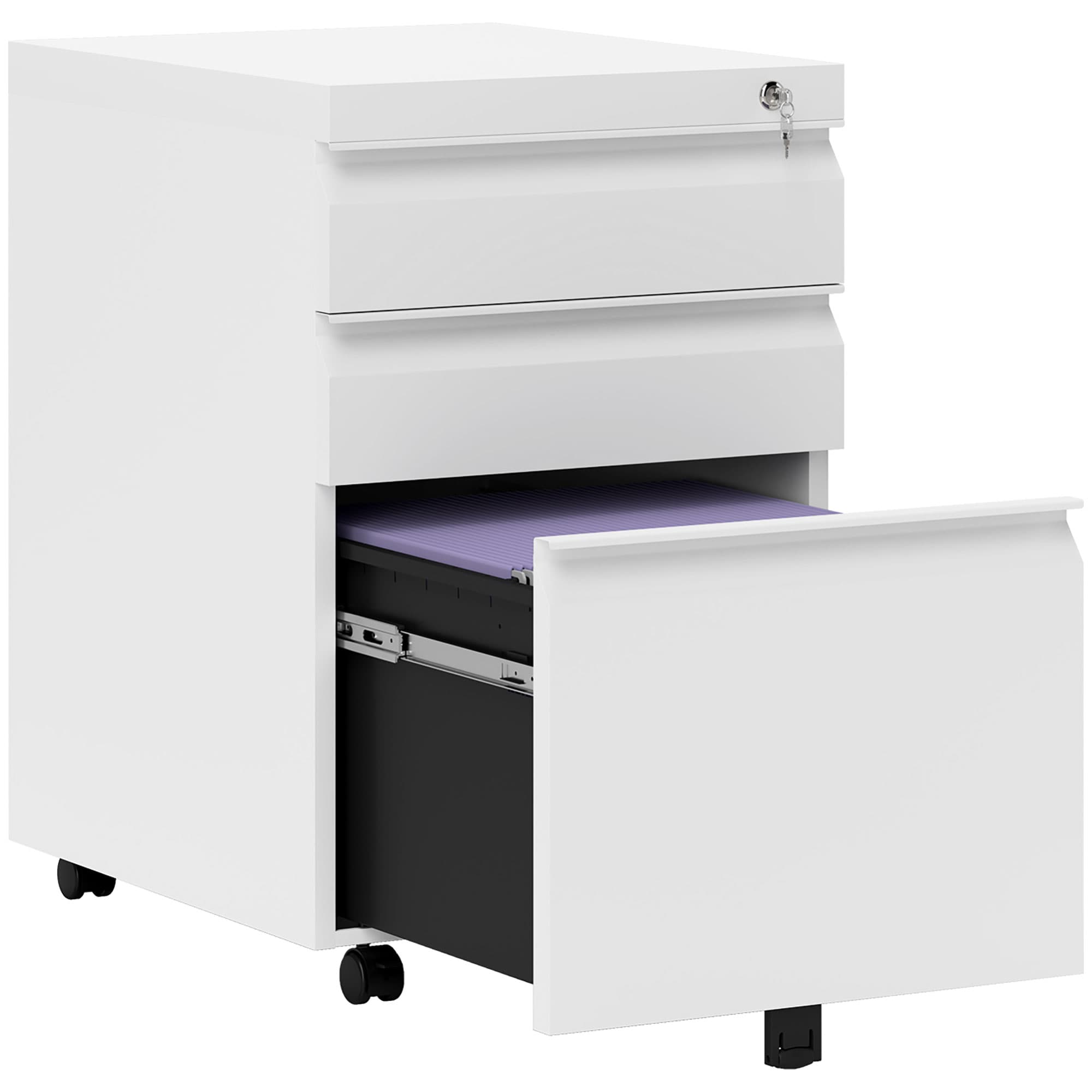 Secure 3-Drawer Metal Mobile Filing Cabinet in White - White
