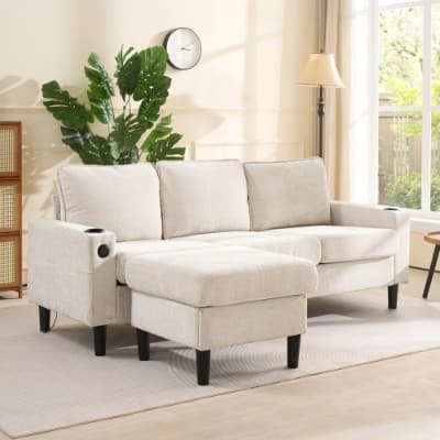 Beige L-Shaped Sofa with Built-In USB & Cup Holders - image 4