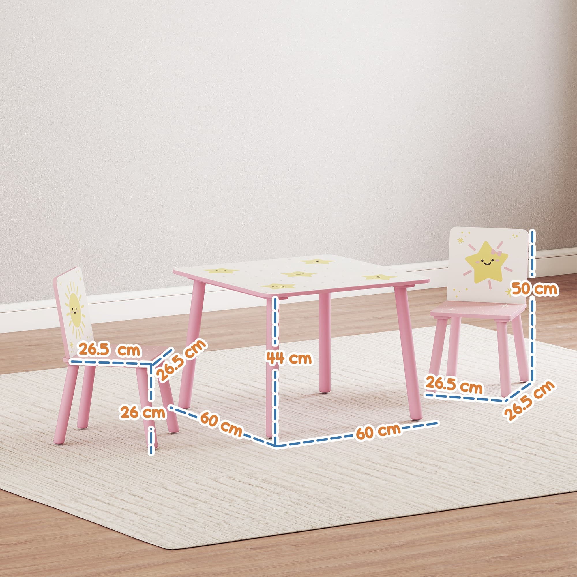 3-Piece Pink Children's Table and Chair Set with Star and Sun Motifs - image 3