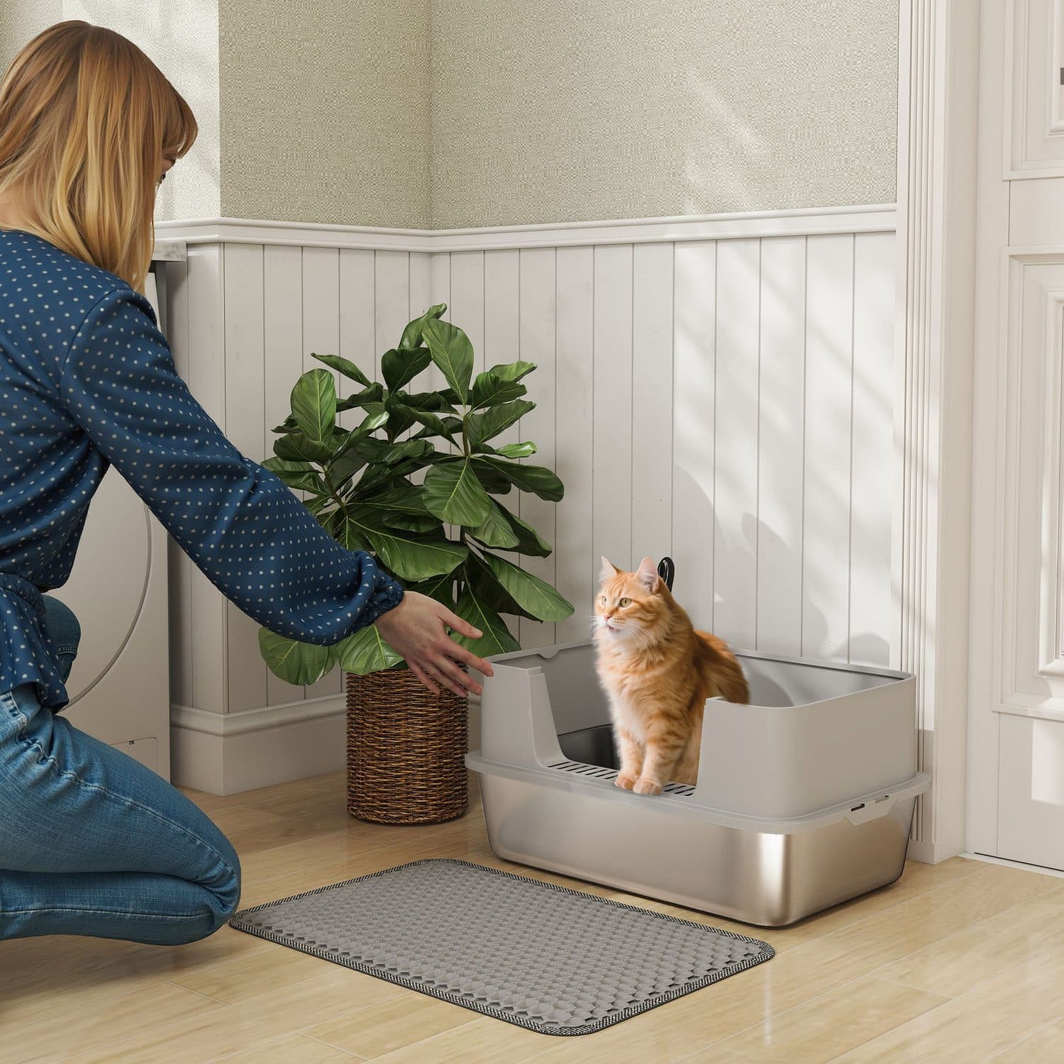 High-Sided Stainless Steel Litter Box with Mat and Scoop - image 5
