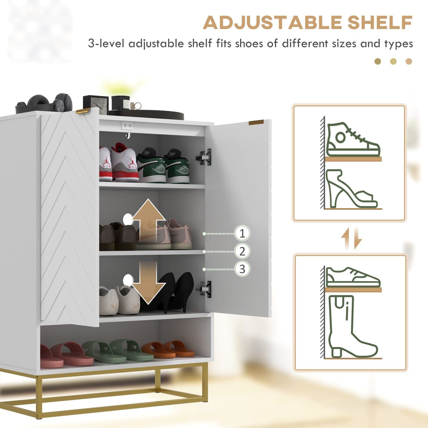 White Shoe Cabinet with Chevron Doors and Gold Base Frame - image 3