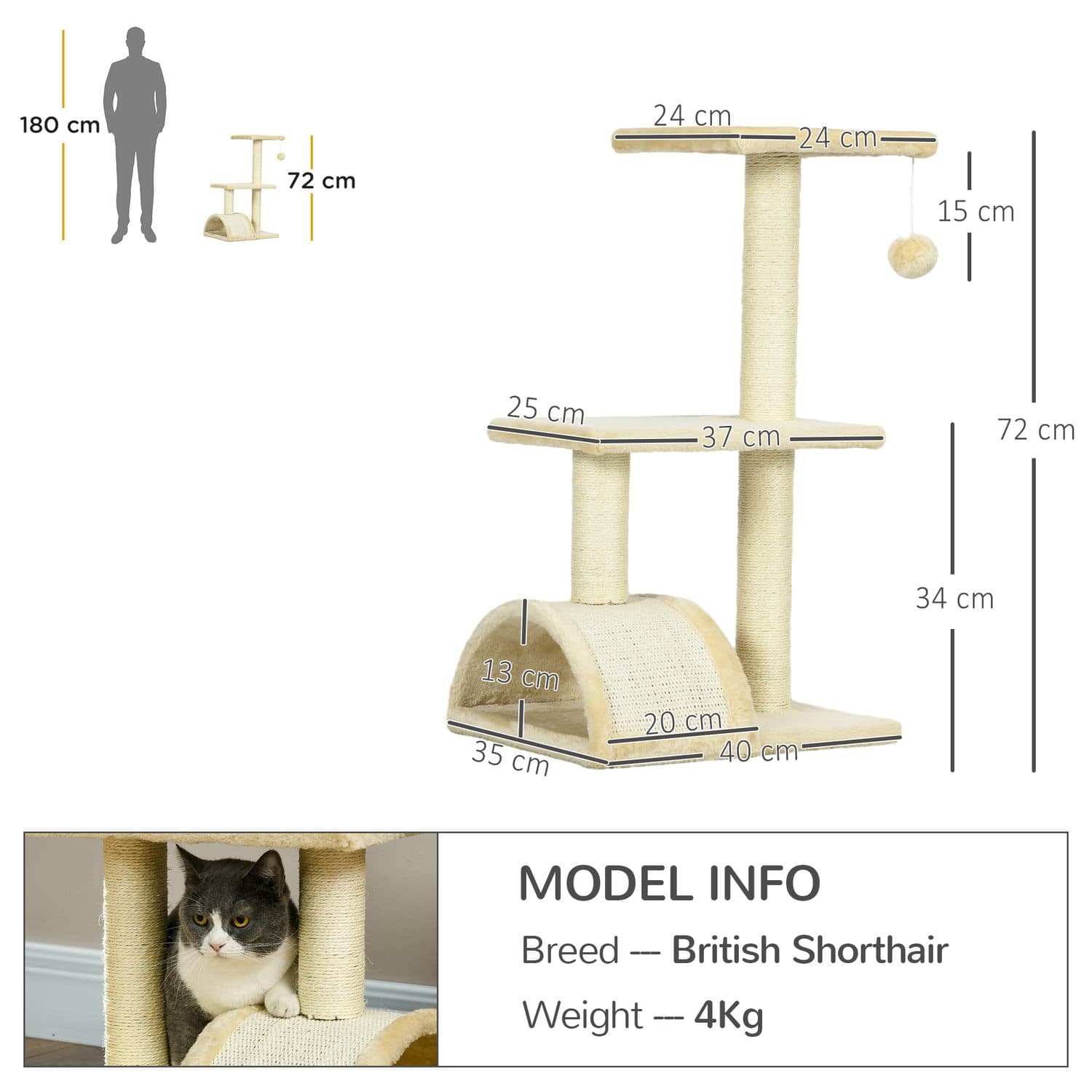 PawHut 72cm Cat Tree with Scratching Post, Cream White - image 4