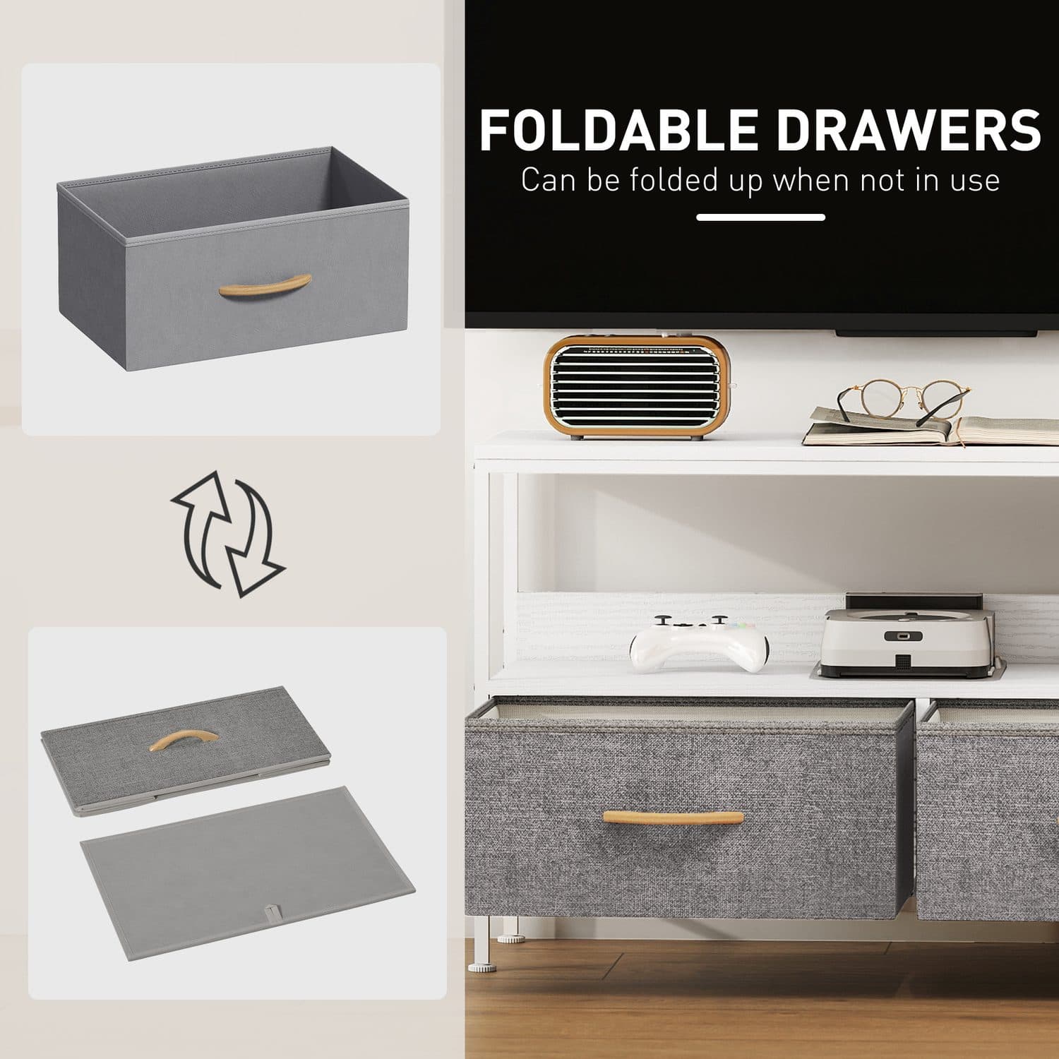 Compact TV Stand with Grey Fabric Drawers and Open Shelf - image 2