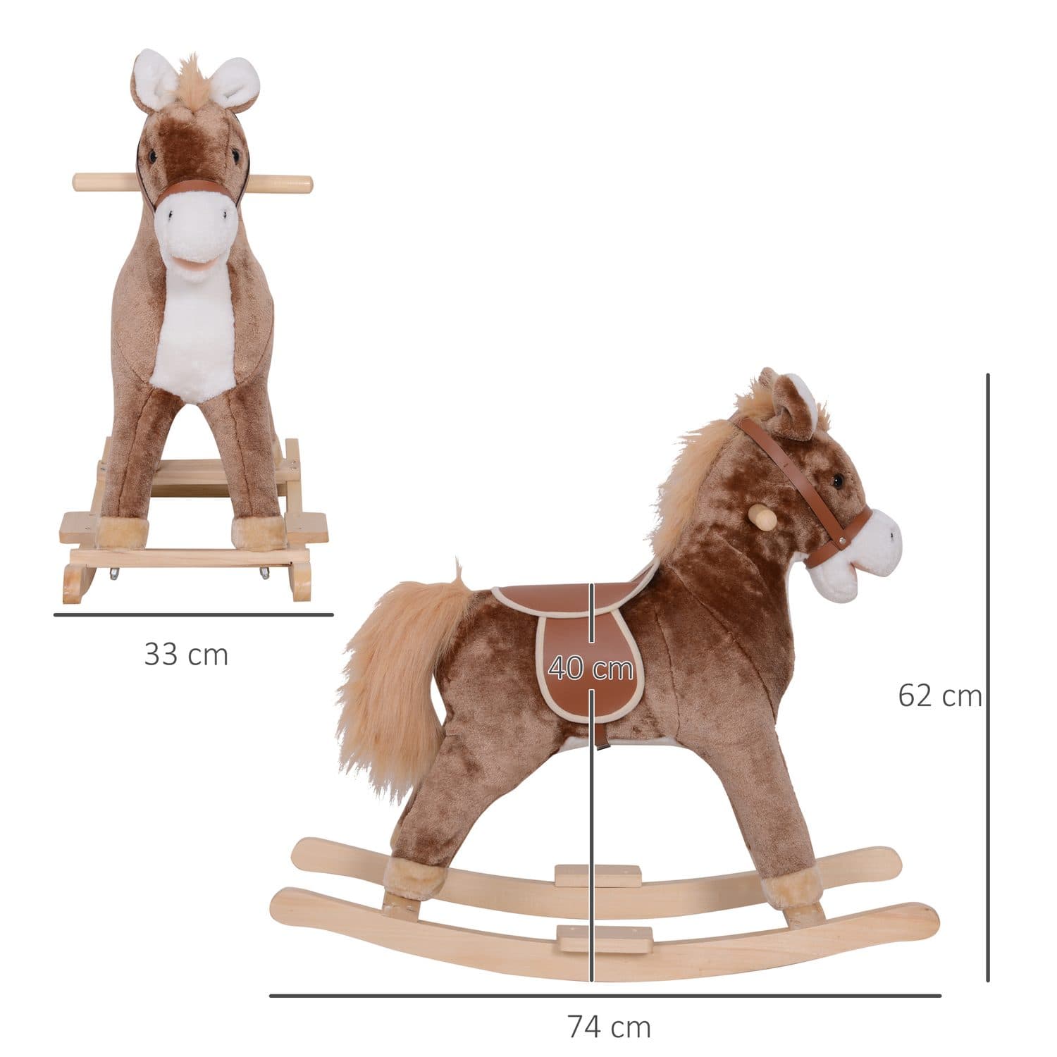 Plush Rocking Horse for Kids — Brown and White with Wooden Base - image 4