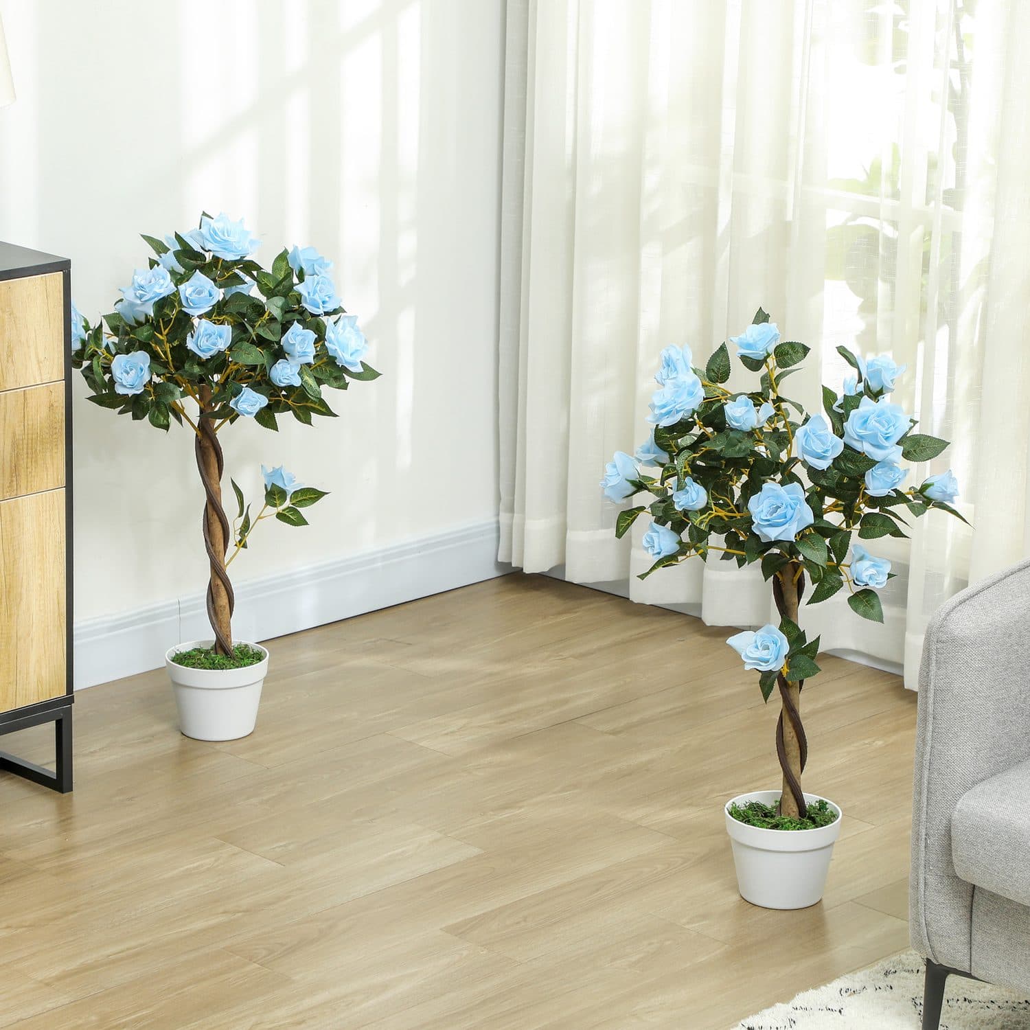 Faux Blue Rose Trees 90cm — Set of 2 in White Pots with Moss - image 2