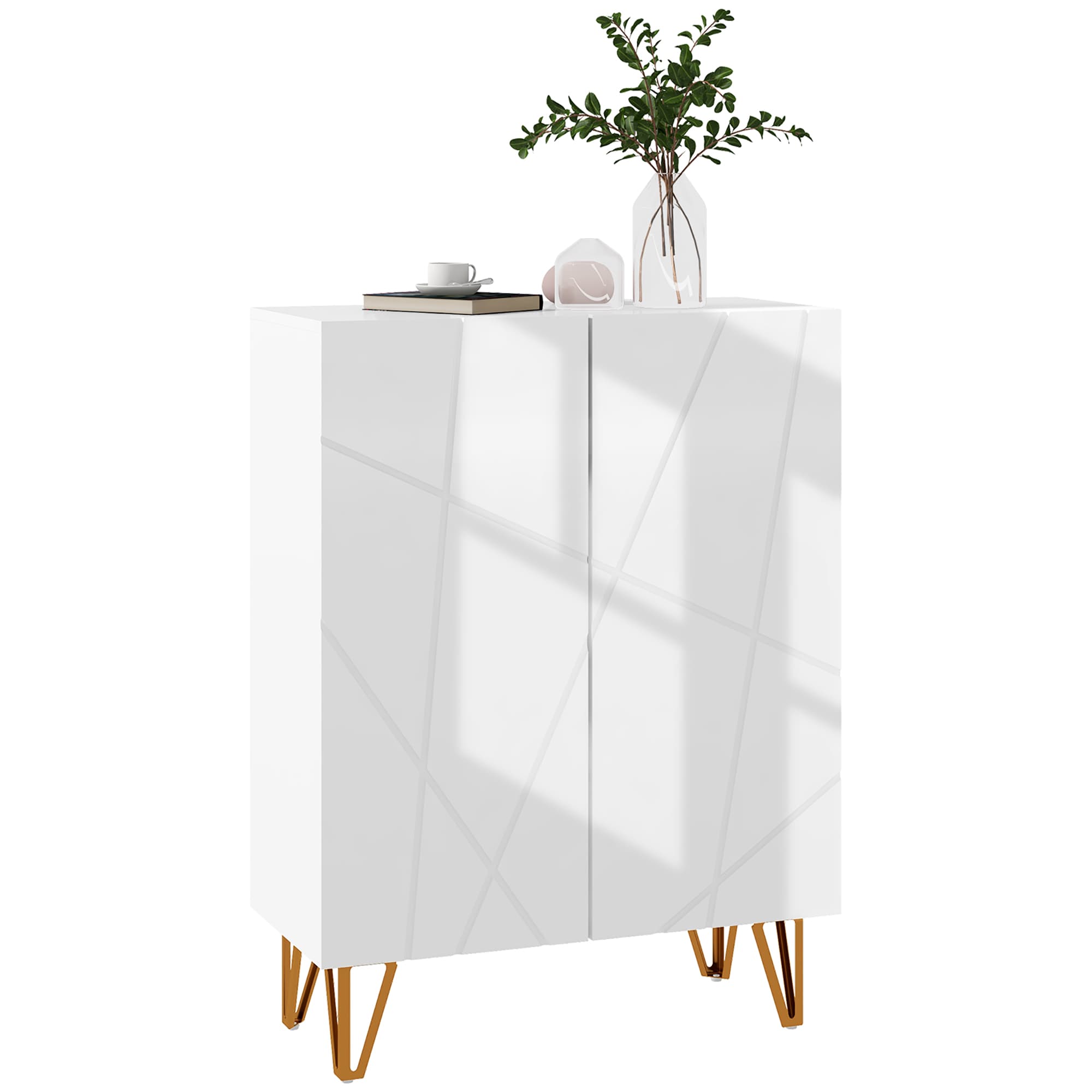White Shoe Storage Cabinet with Geometric Doors and Gold Hairpin Legs