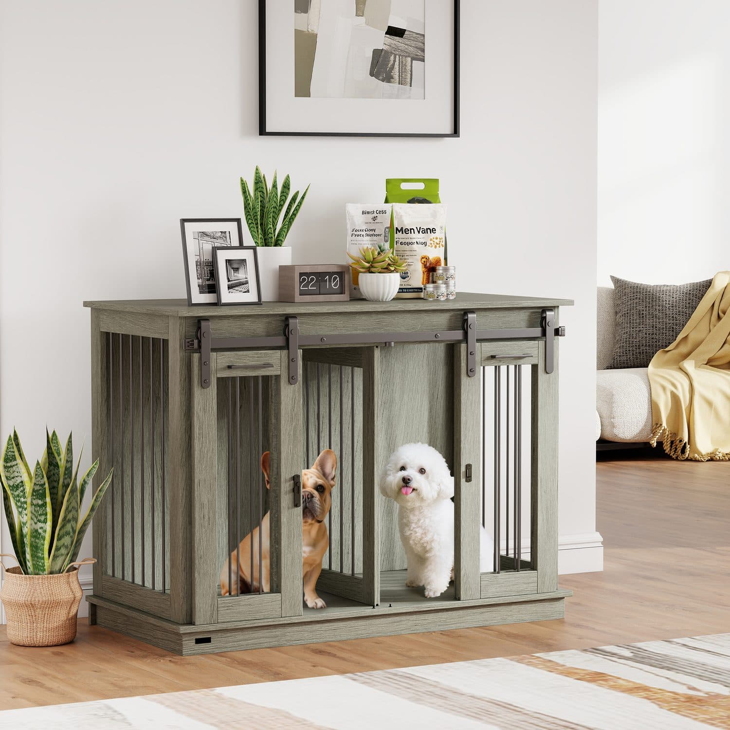 Double Dog Crate Furniture in Farmhouse Barn-Door Style, Grey - image 2