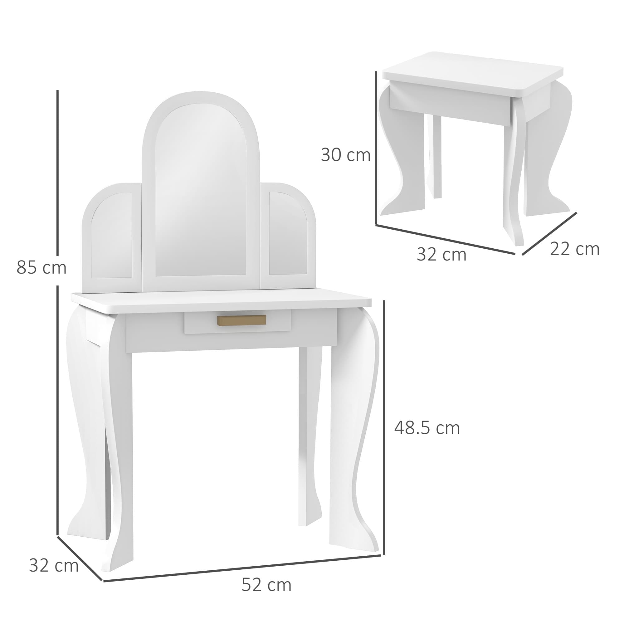 Kids' Vanity Table with Tri-Fold Mirror, Drawer and Stool – White - image 1