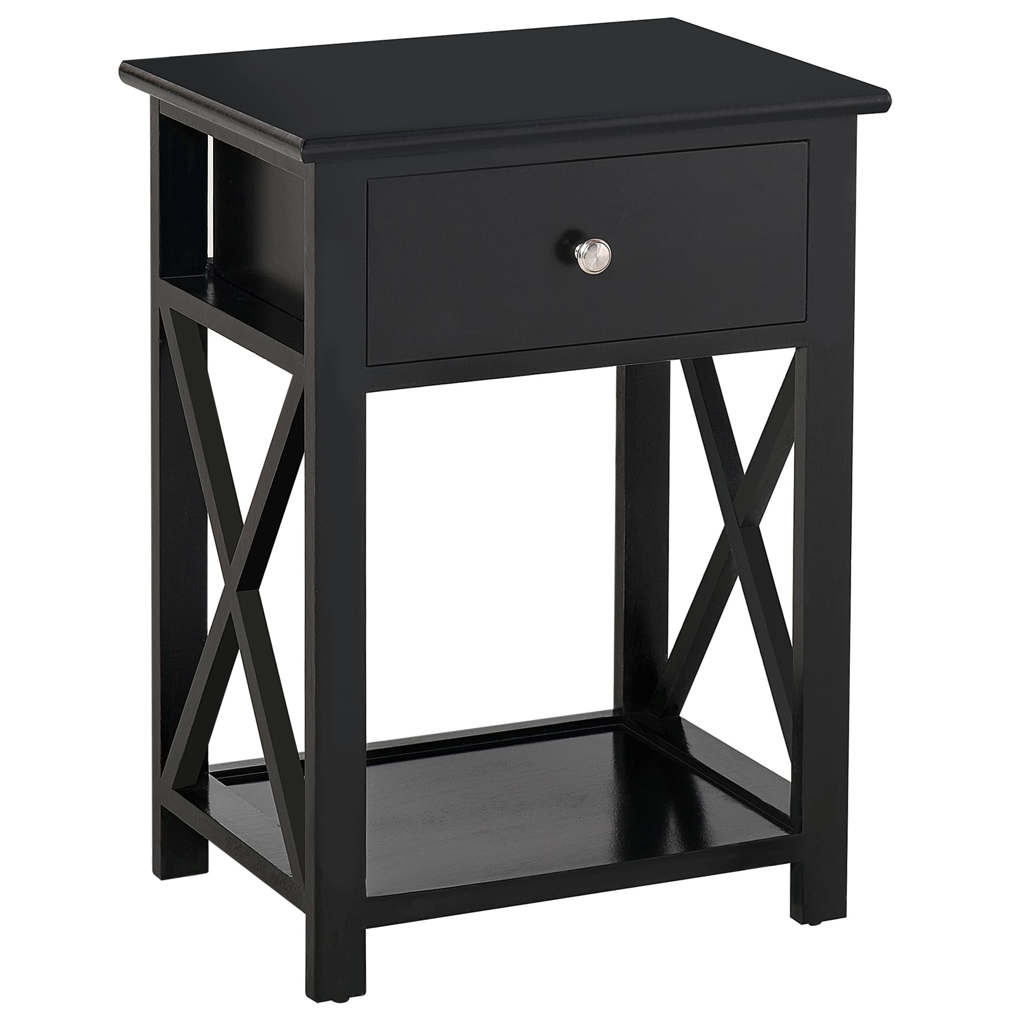 Black Side Table with Drawer and Bottom Storage Shelf - Black