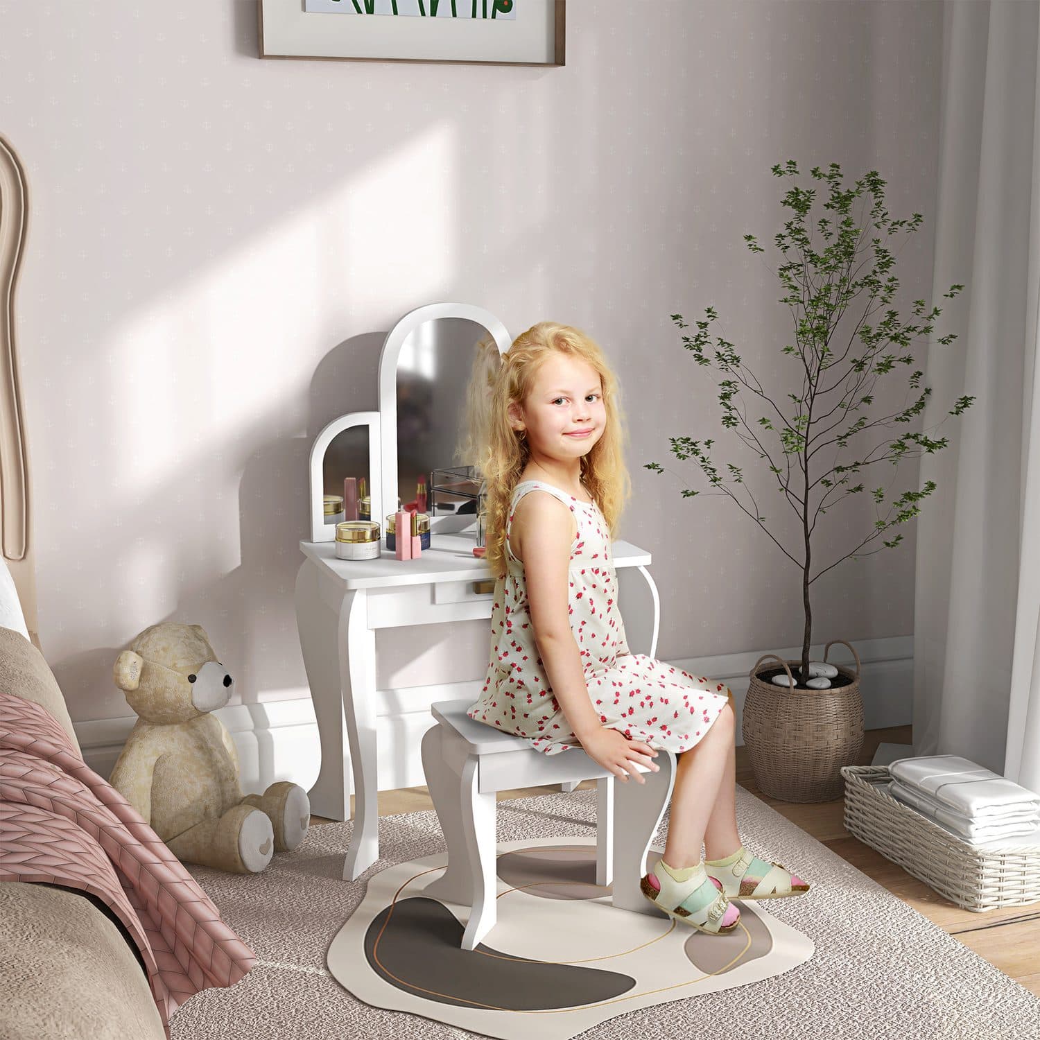 Kids' Vanity Table with Tri-Fold Mirror, Drawer and Stool – White - image 5