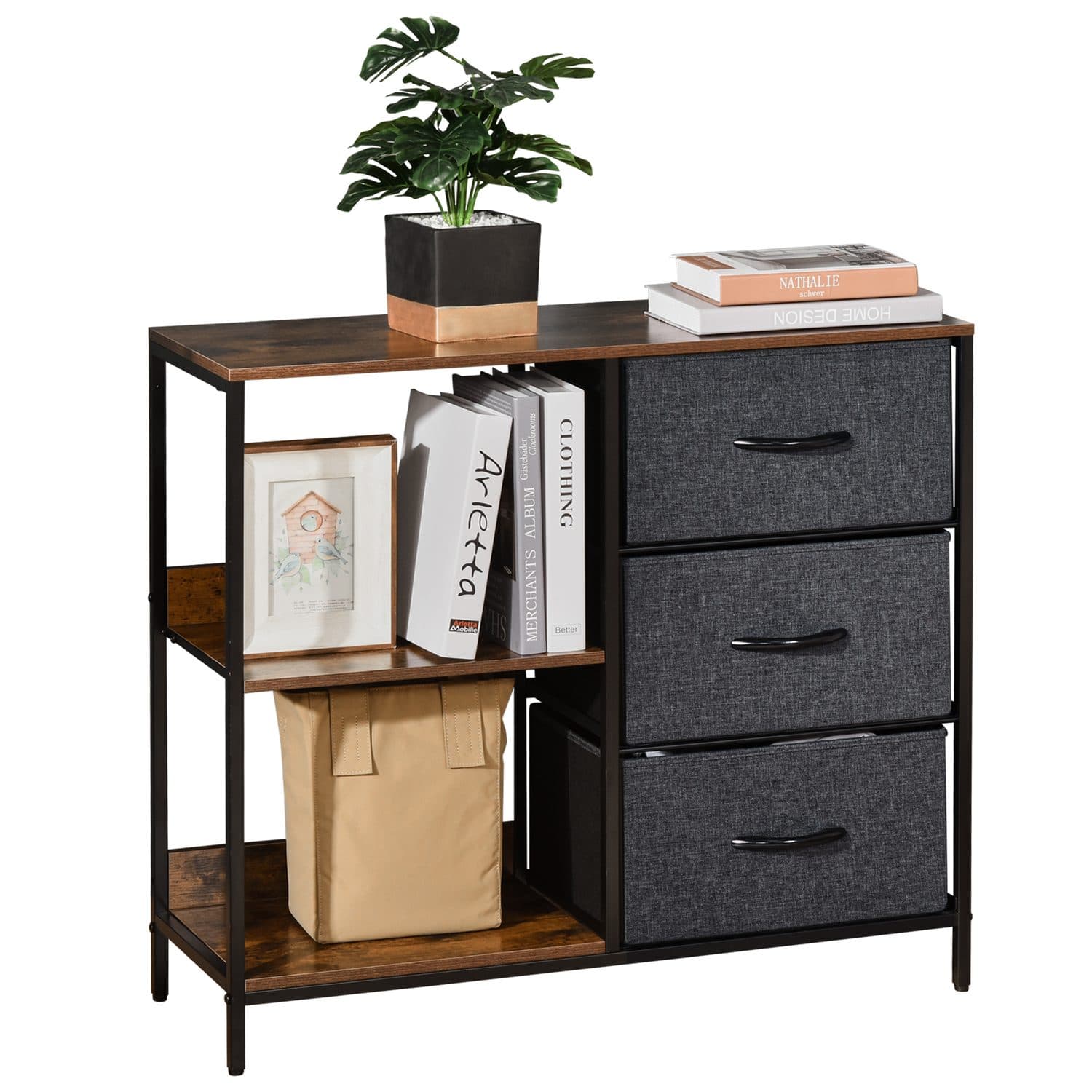 Fabric Drawer Dresser with Open Display Shelves - Black