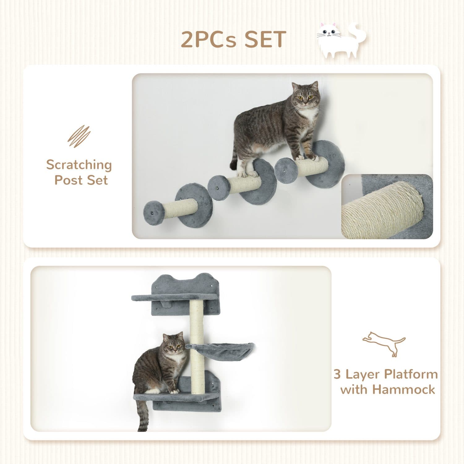 Grey Wall Mounted Cat Shelf and Scratching Set - image 1