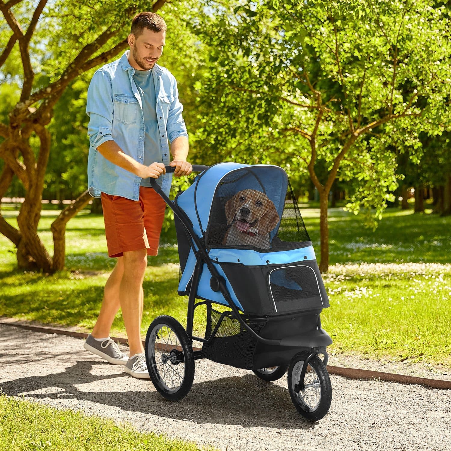 Foldable Three-Wheel Pet Stroller - Blue - image 4