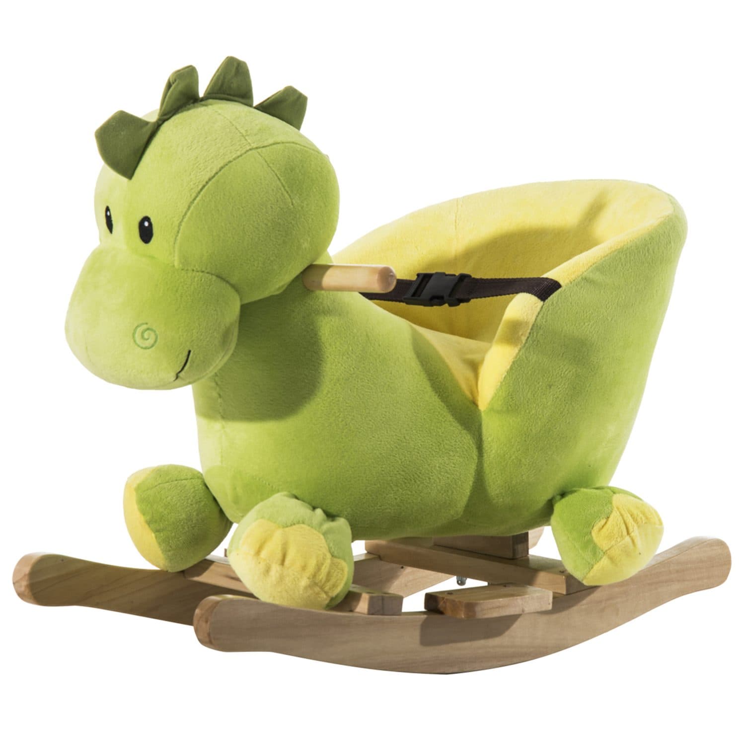 Soft Plush Dinosaur Rocking Toy with Wooden Base and Safety Buckle
